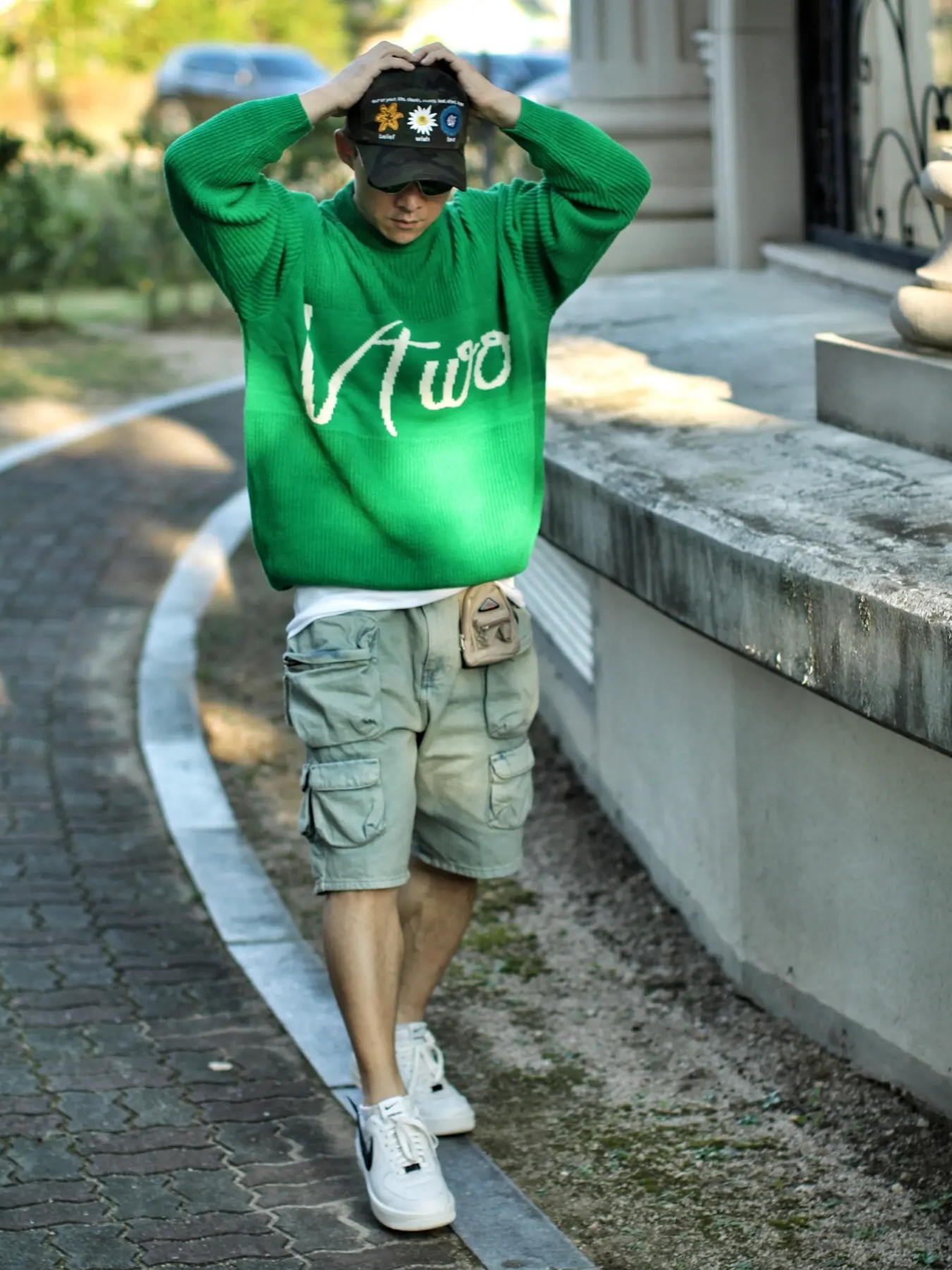 Nike x Ambush Air Force 1 Low SP Phantom, Zara Denim Utility Bermuda Shorts Blue Green 착용 스타일 - 1