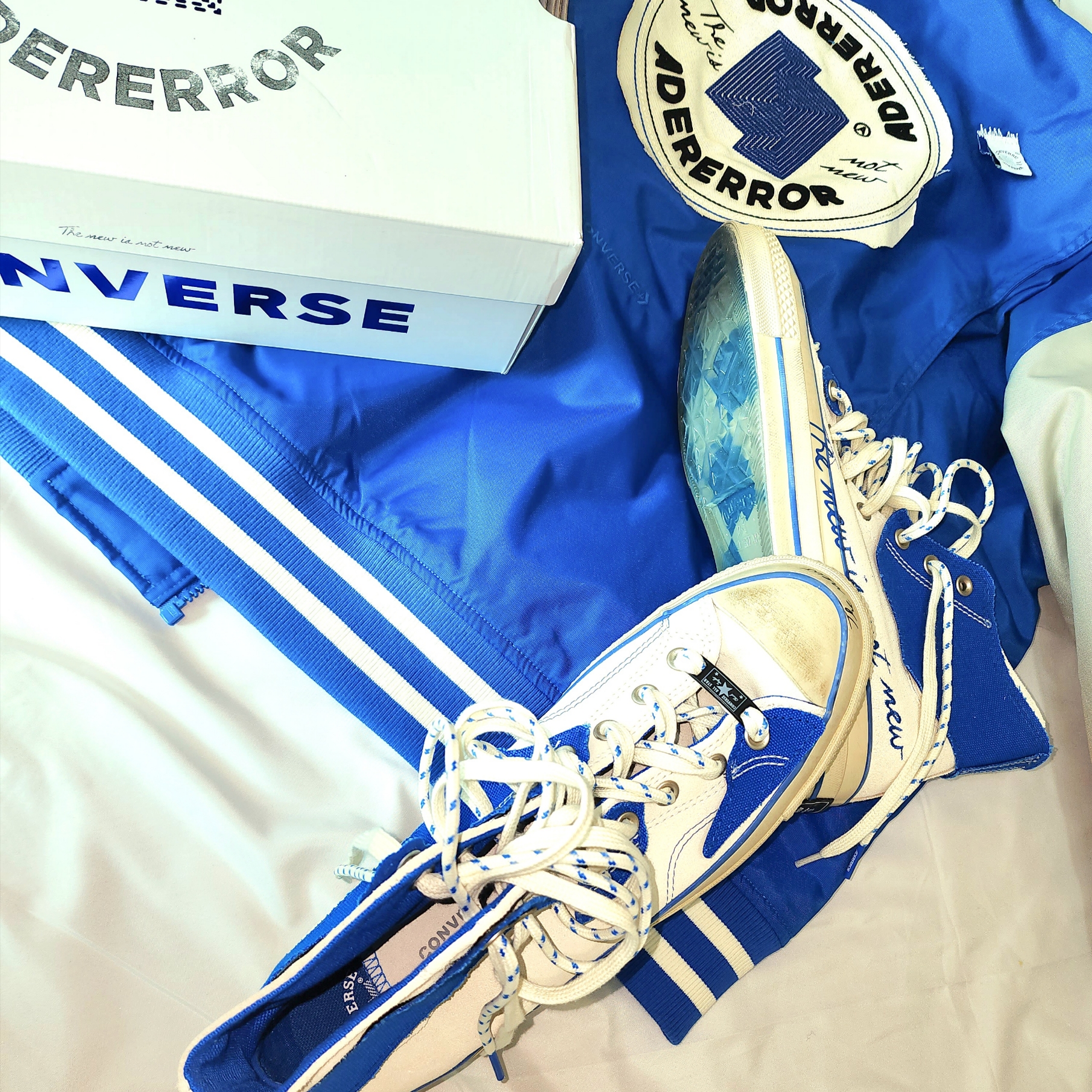 Converse x Ader Error Shapes Varsity Jacket Cobalt, Converse x Ader Error Chuck 70 High White 착용 스타일 - 3