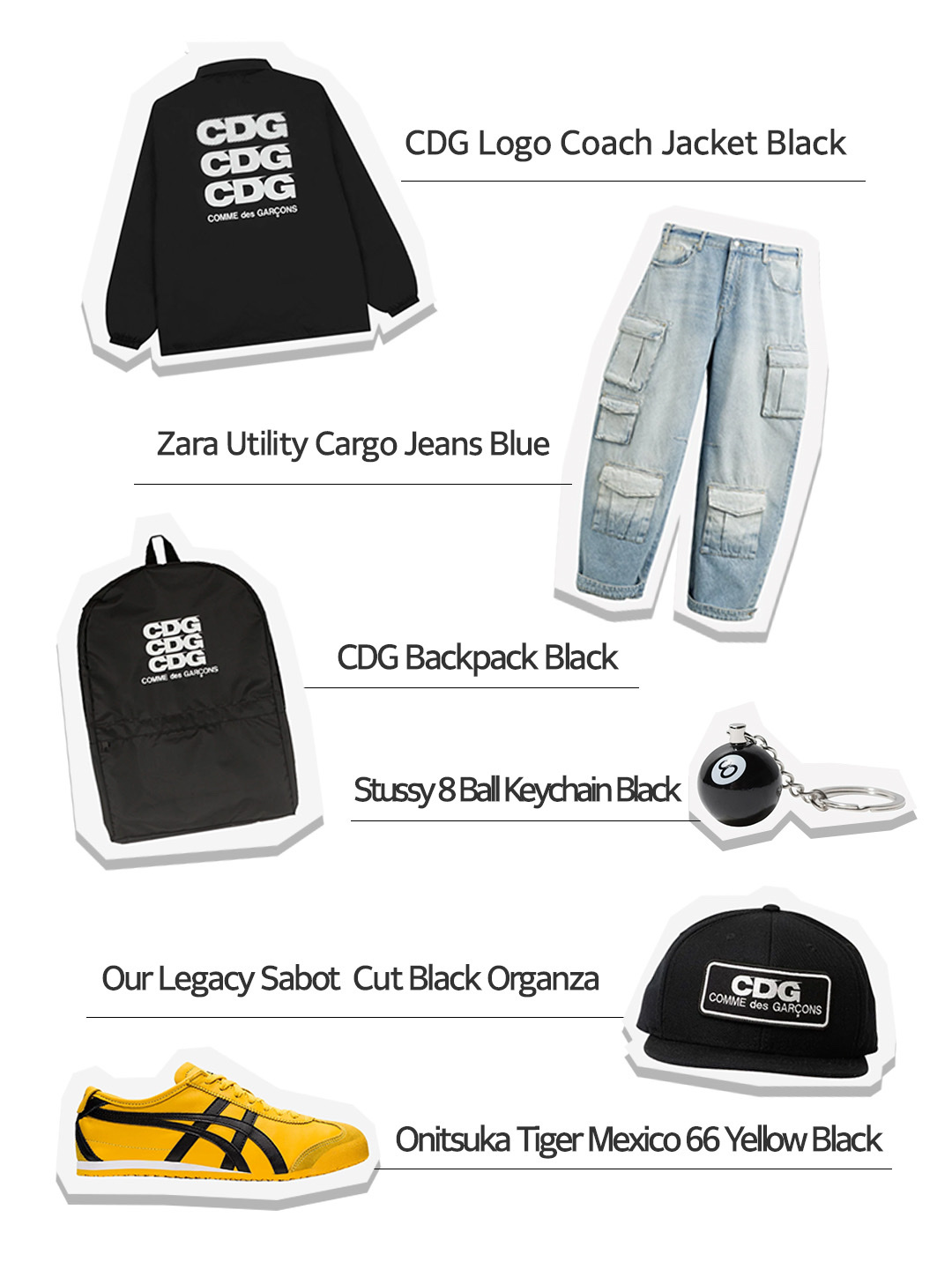 CDG Logo Coach Jacket Black, Zara Utility Cargo Jeans Blue 착용 스타일 - 1