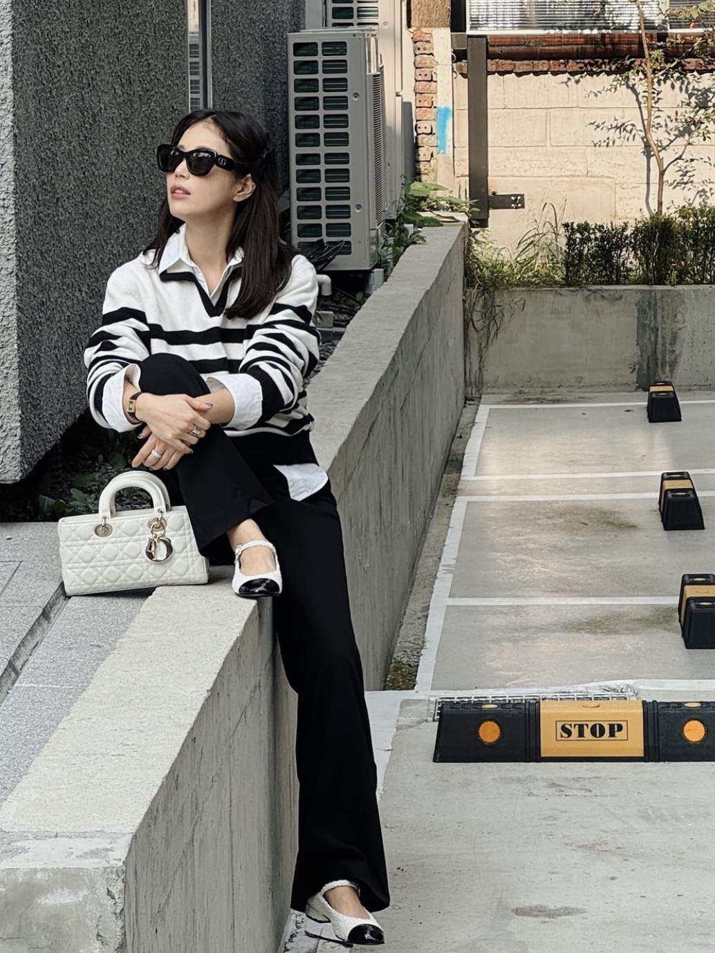 Dior Small Lady D Joy Bag Patent Cannage Calfskin Latte 착용 스타일