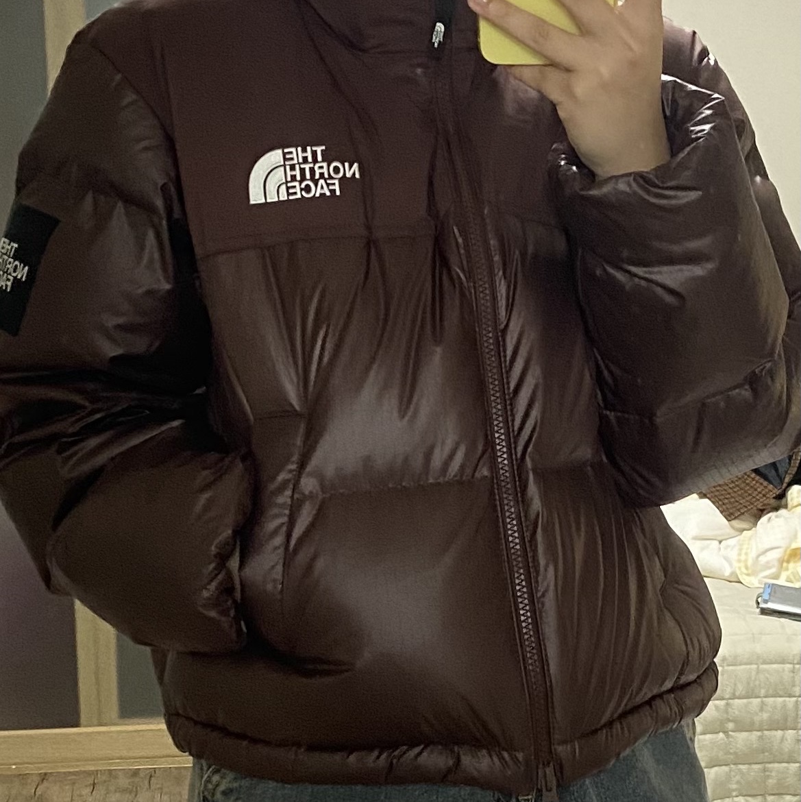 (W) The North Face White Label Novelty Nuptse Down Jacket Cocoa Brown 착용 스타일