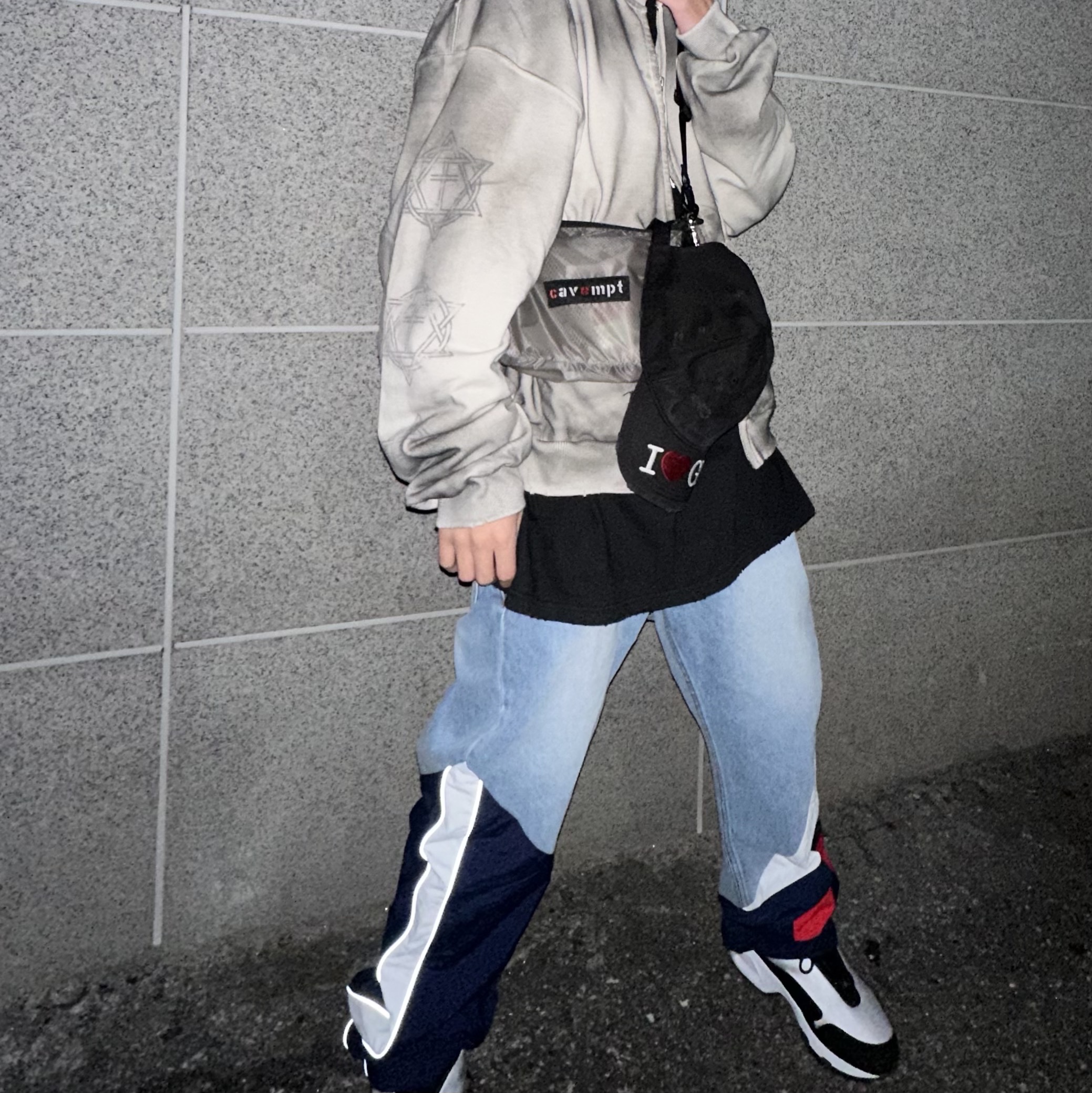 Project G/R x Reebok Hybrid Track Denim Pants Navy, Project G/R Furious Logo Applique Zip Hoodie Grey - 10 Corso Como Exclusive 착용 스타일 - 3