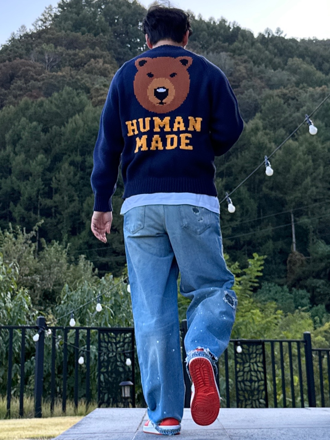 Human Made Bear Raglan Knit Sweater Navy, Zara x Ader Error Patchwork Jeans Blue 착용 스타일