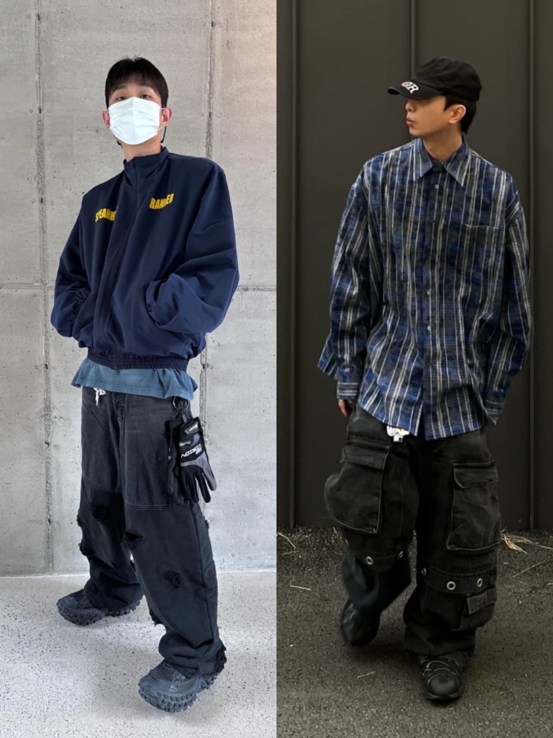 Undermycar Maigan Padded Shoulder Zip-Up Blouson India Ink - 23FW, Undermycar Dival Real Divided Damage Washed Pants Inkwell - 23FW 착용 스타일 - 2