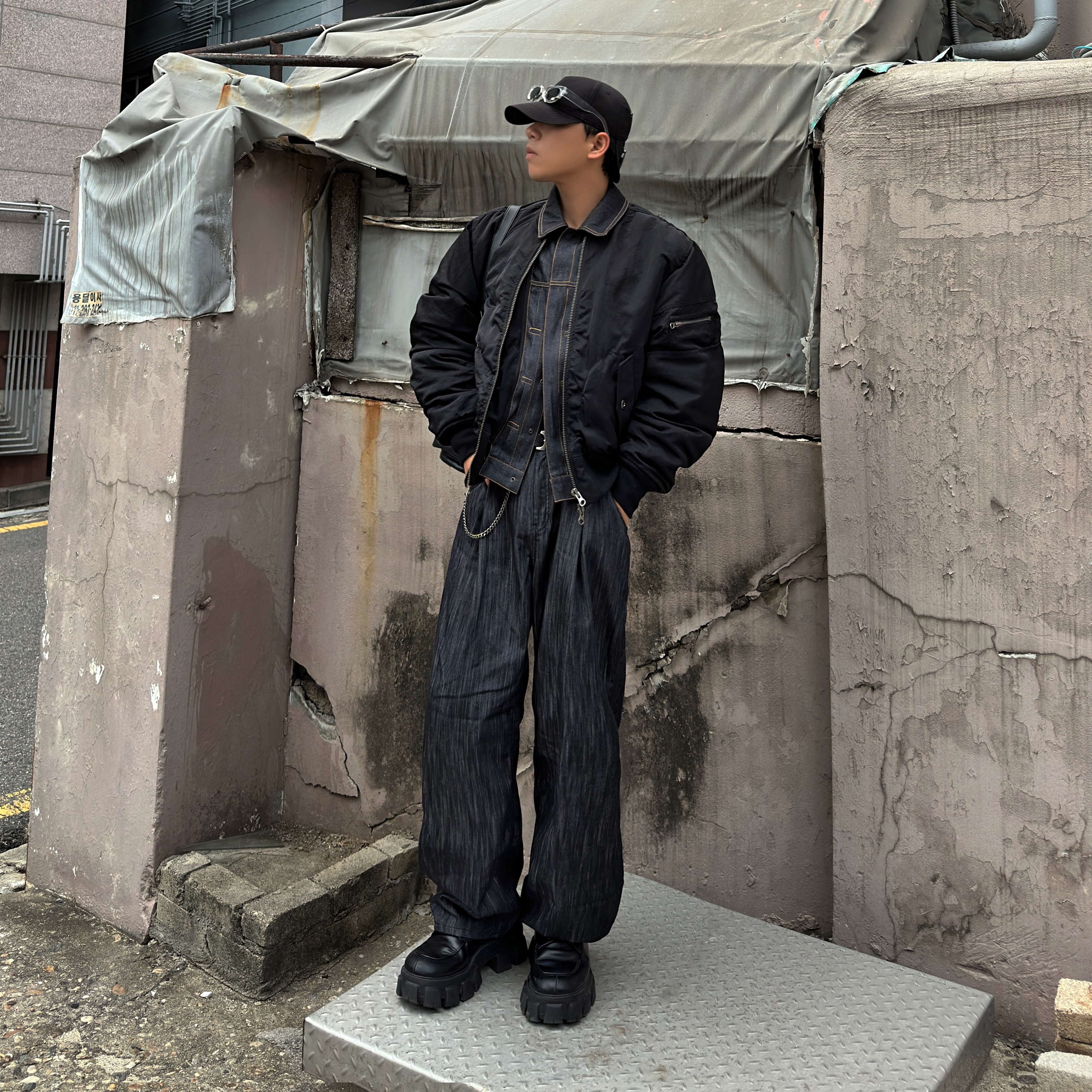 Prada Brushed Leather Derby Shoes Black, C.P. Company Gabardine Goggle Cap Black - 22SS 착용 스타일 - 3