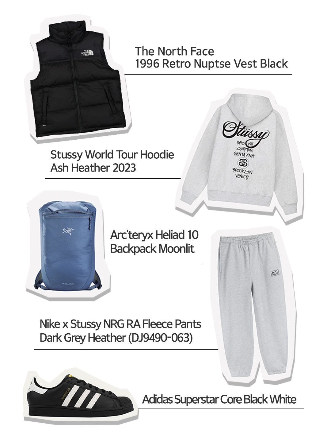 The North Face 1996 Retro Nuptse Vest Black, Stussy World Tour Hoodie Ash Heather 2023 착용 스타일 - 1