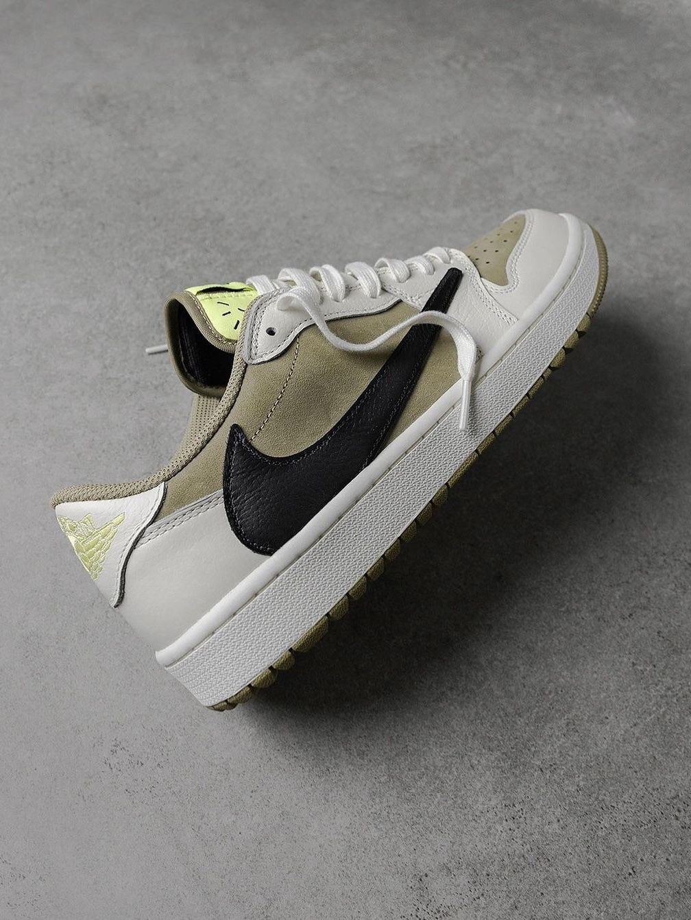 (W) Jordan 1 x Travis Scott Retro Low OG SP Medium Olive, Jordan 1 x Travis Scott Retro Low Golf NRG Neutral Olive 착용 스타일 - 2
