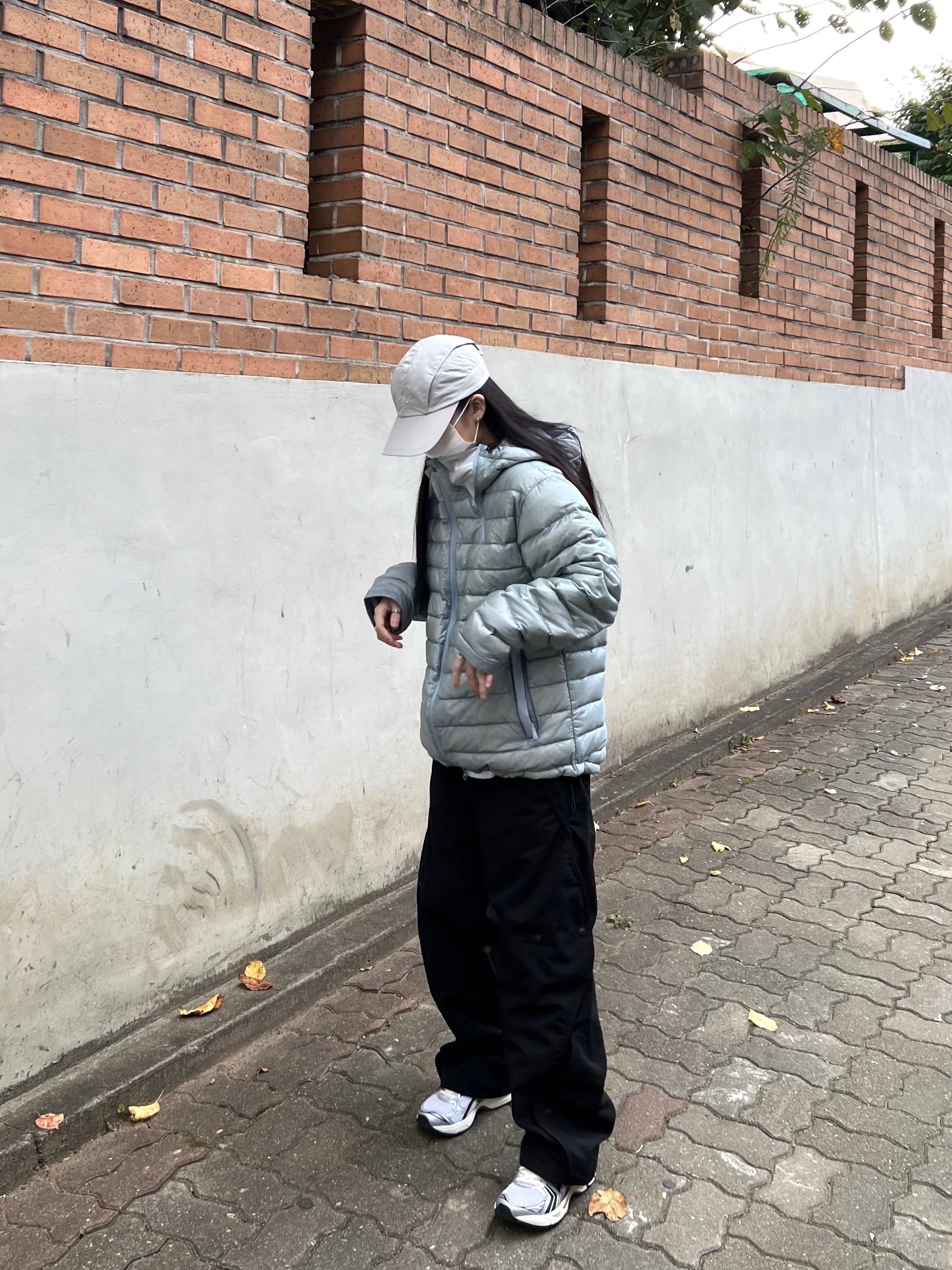 Sansan Gear Wing Cap Grey - 23SS, Sansan Gear Suffix Puffer Jacket Sky Blue - 23FW 착용 스타일 - 2