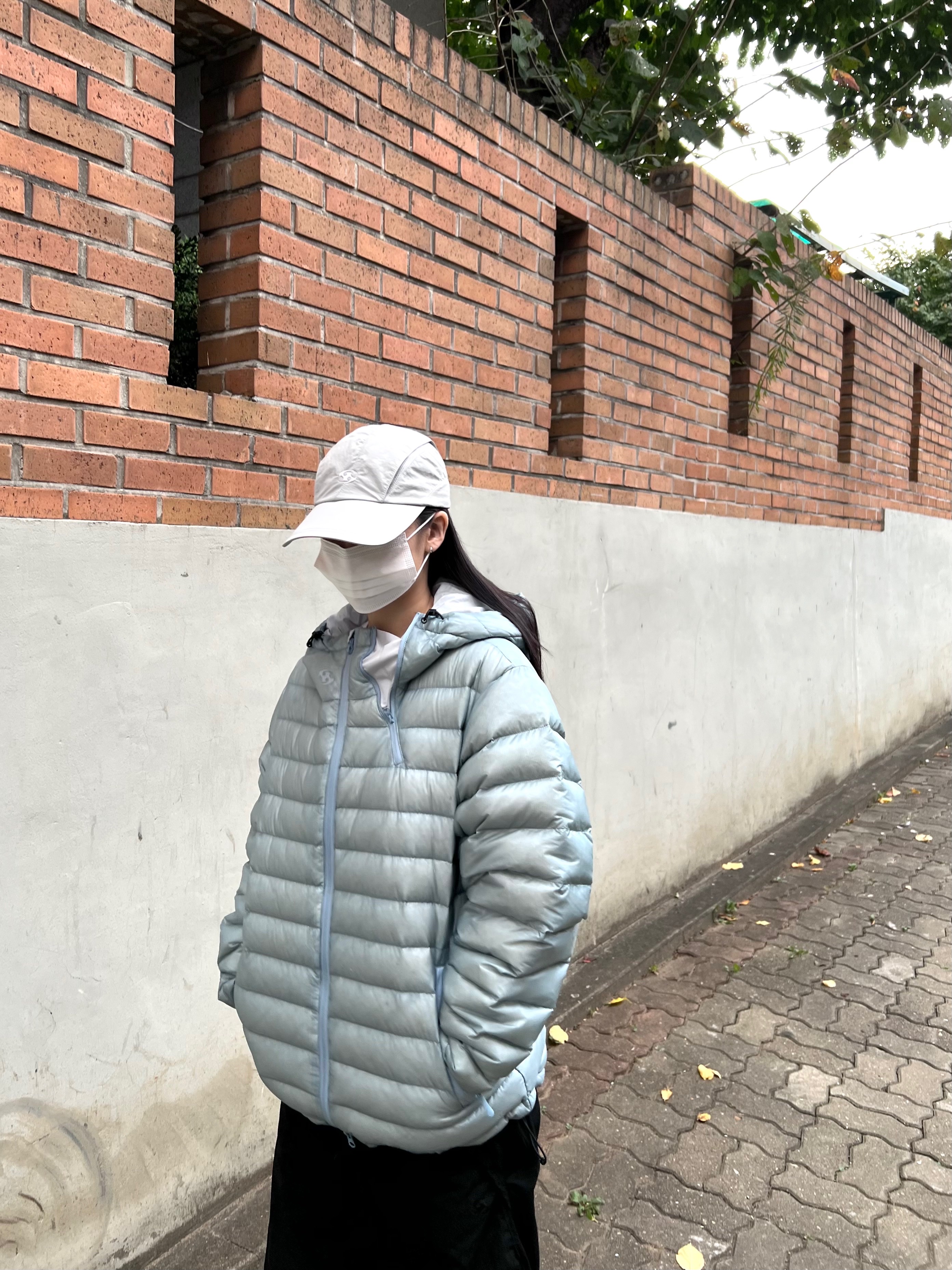 Sansan Gear Wing Cap Grey - 23SS, Sansan Gear Suffix Puffer Jacket Sky Blue - 23FW 착용 스타일 - 4