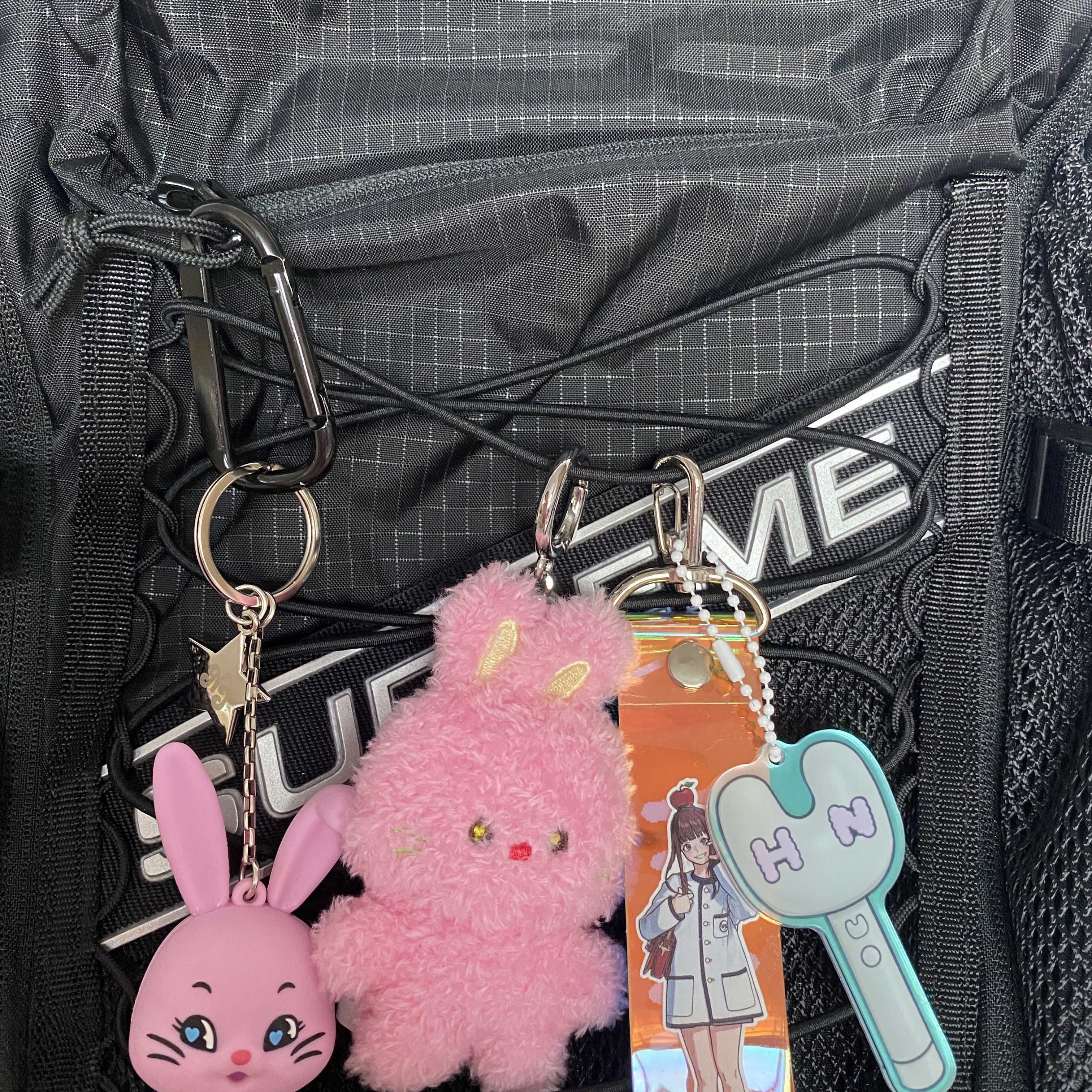 Supreme Backpack Black - 23FW, NewJeans Bunini Doll Keyring Pink 착용 스타일 - 2