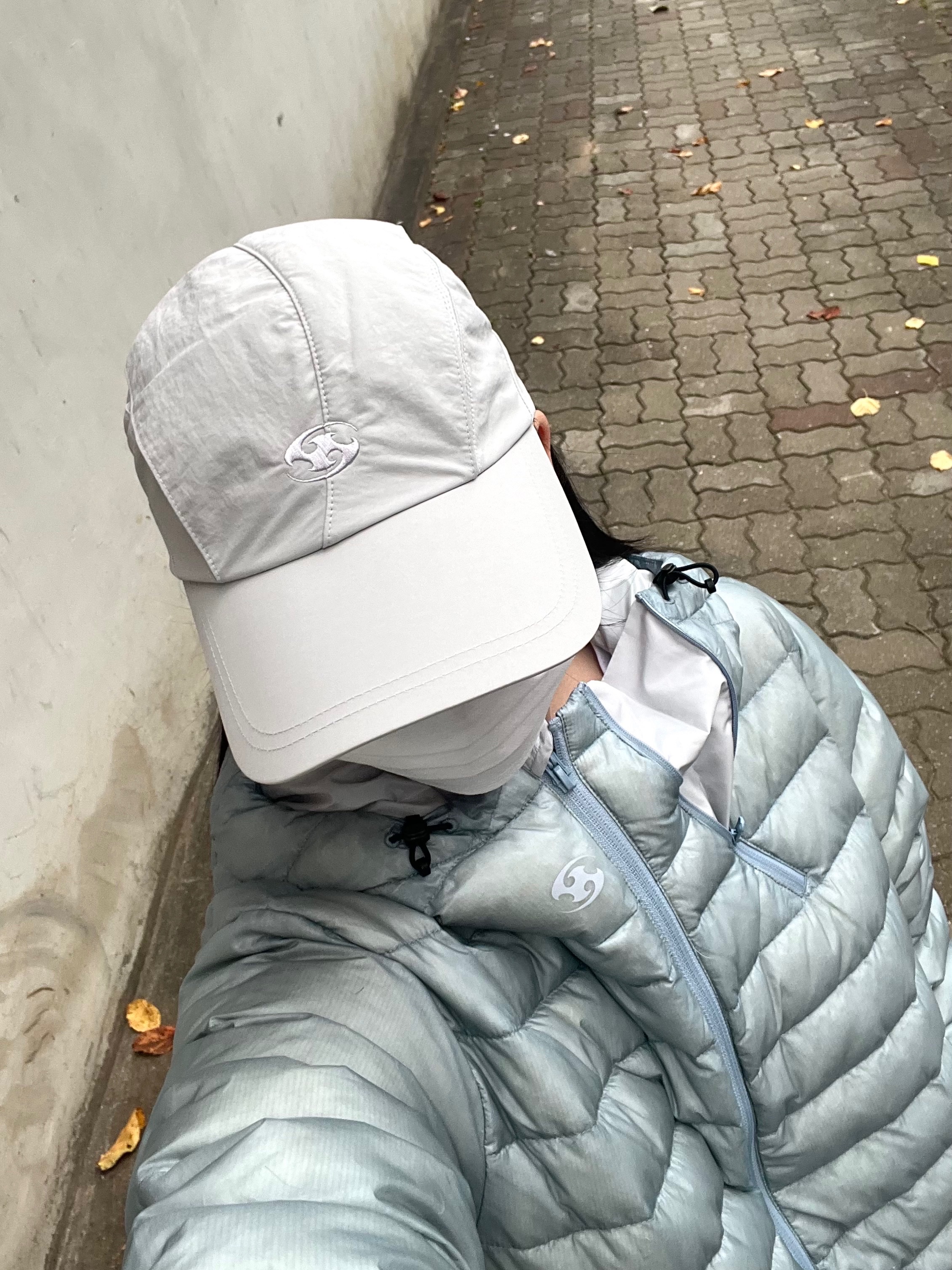 Sansan Gear Wing Cap Grey - 23SS, Sansan Gear Suffix Puffer Jacket Sky Blue - 23FW 착용 스타일 - 1
