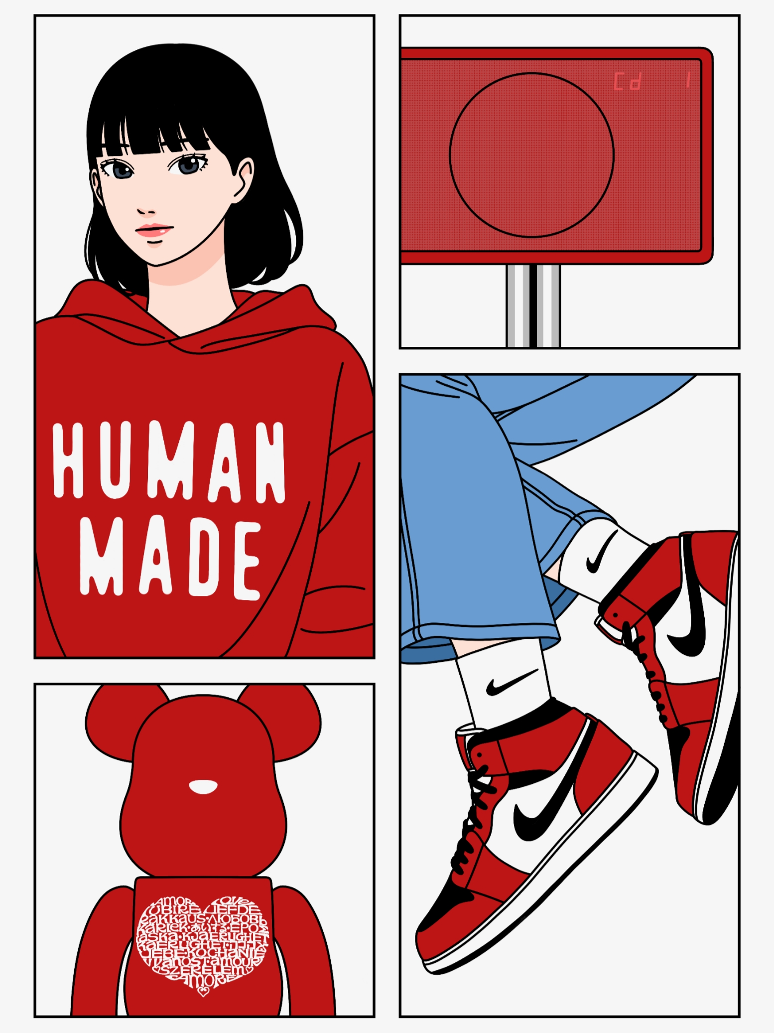 Human Made Sweat Hoodie #2 Red, Bearbrick x Alexander Girard International Love Heart 200% 착용 스타일