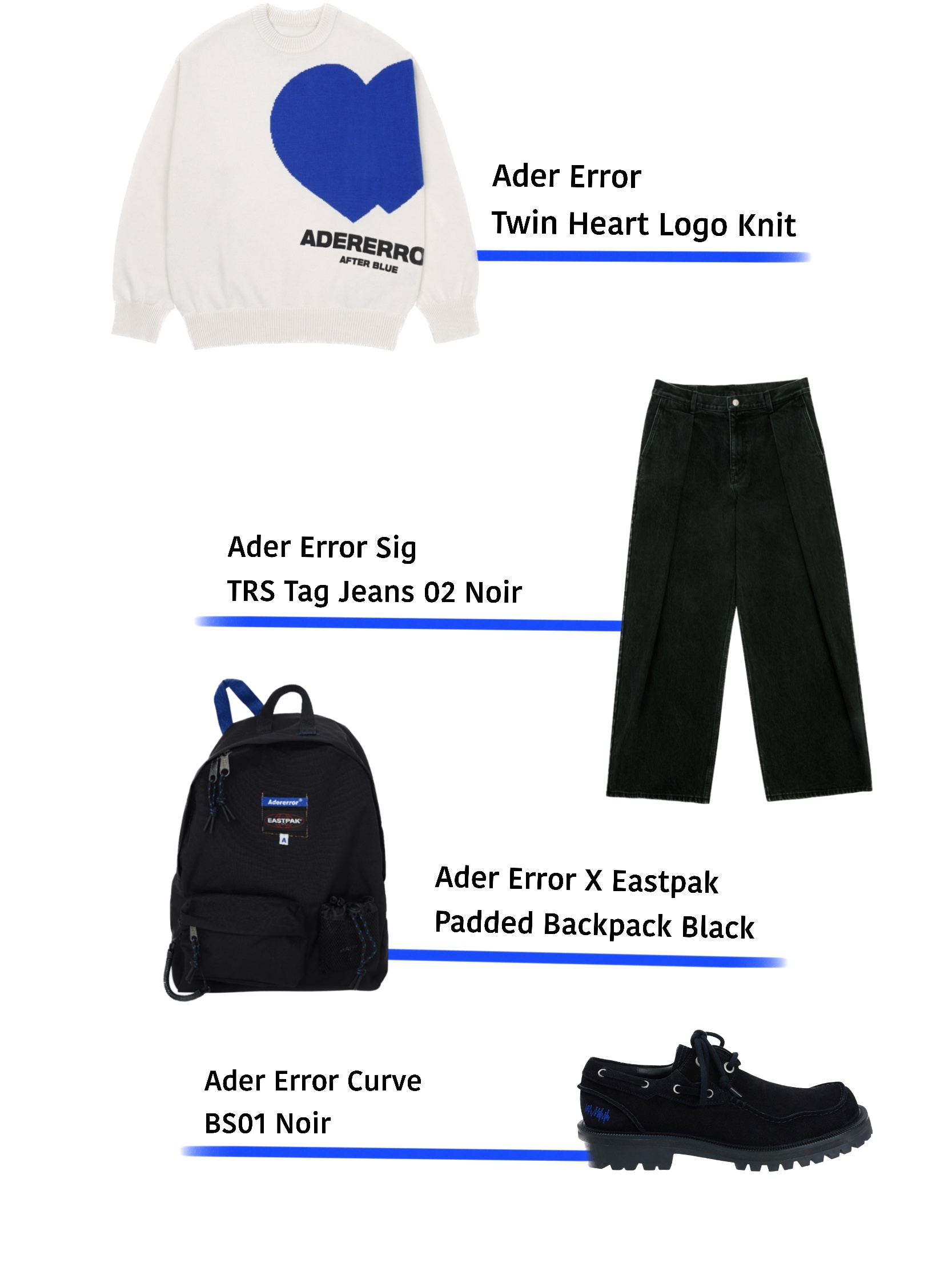 Ader Error Twin Heart Logo Knit Ivory, Ader Error Sig; TRS Tag Jeans 02 Noir 착용 스타일