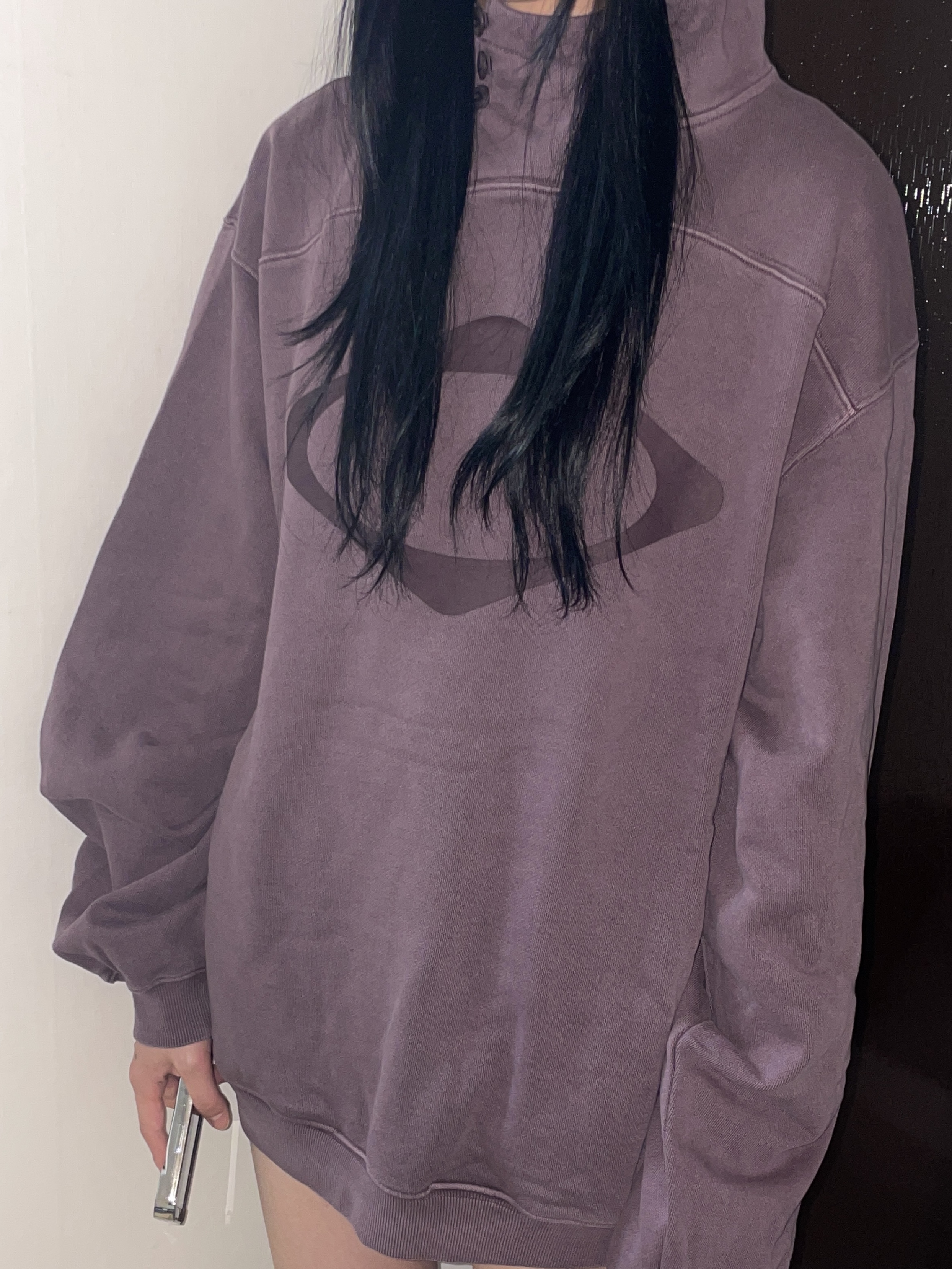 (W) Mischief Rhombus Side Button Up Hoodie Washed Red Brown 착용 스타일 - 1