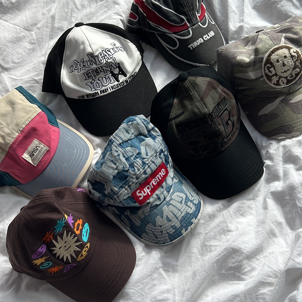 ETCE Ghost Cap Washed Camo, Supreme Fat Tip Jacquard Denim Camp Cap Black - 22SS 착용 스타일 - 2