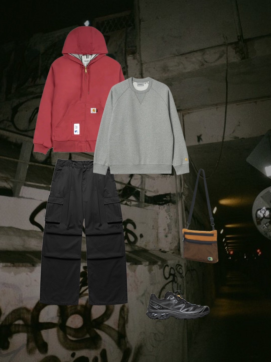Carhartt WIP x IAB Studio OG Active Jacket Earth Red, Carhartt WIP Chase Sweatshirt Grey Heather 착용 스타일 - 2