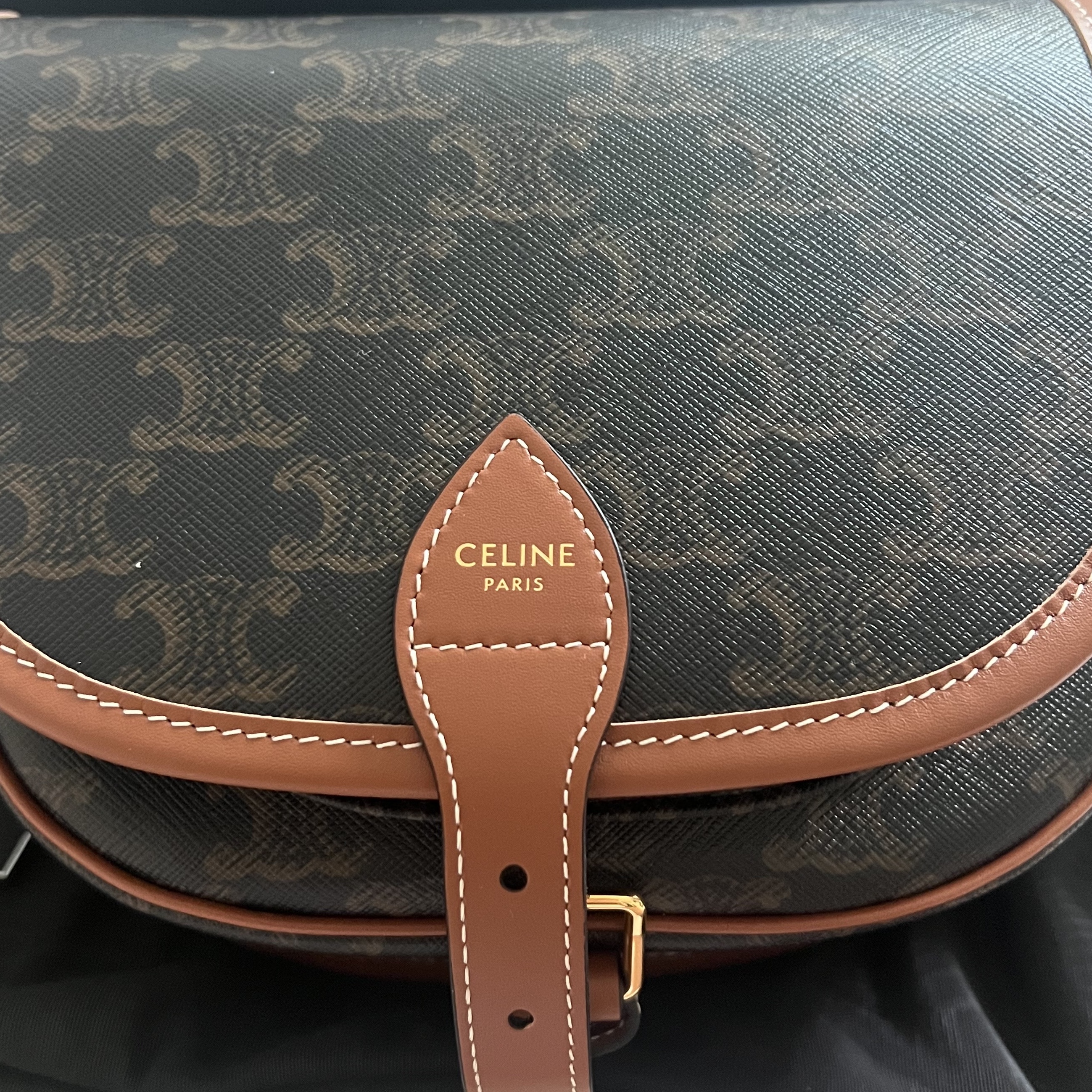 Celine Medium Folco Bag in Triomphe Canvas and Calfskin Tan 착용 스타일