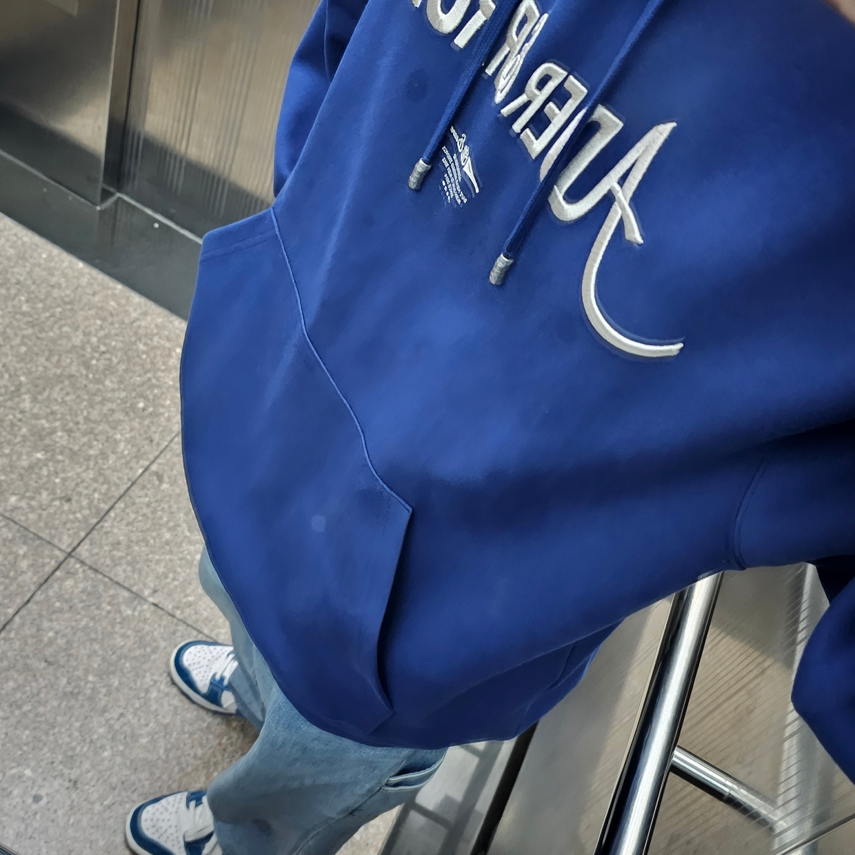 Ader Error Verif Logo Hoodie Navy, Nike Dunk Low Retro SE Industrial Blue 착용 스타일