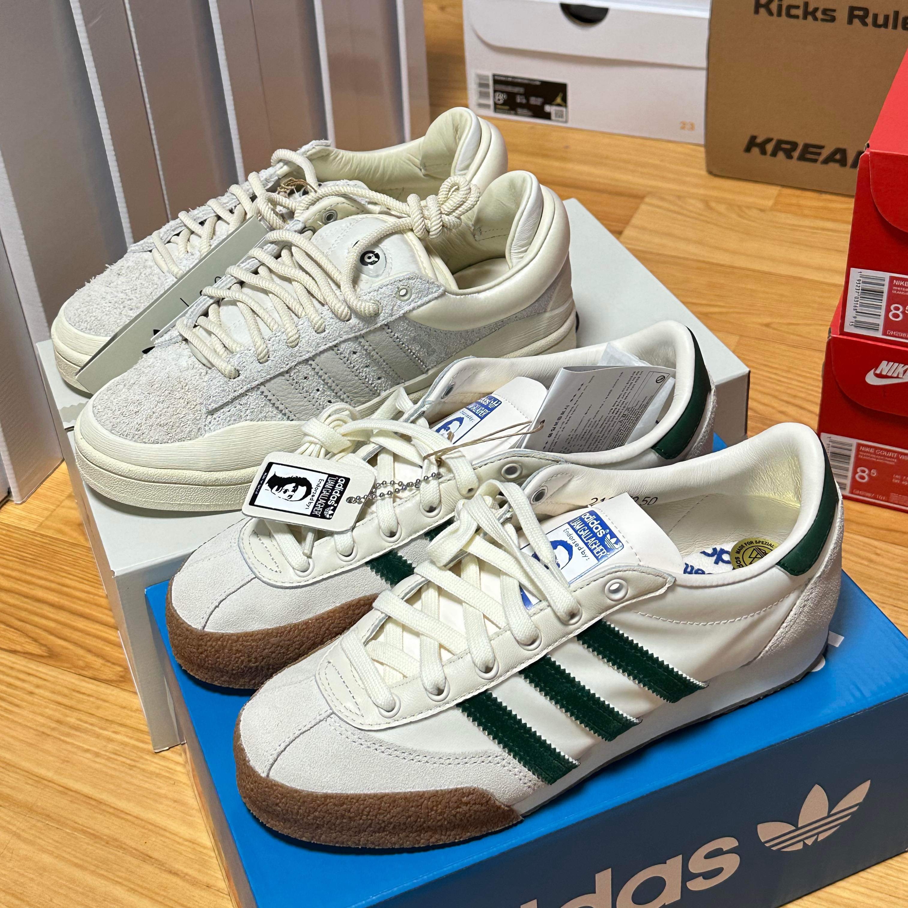Adidas x Liam Gallagher Spezial LG II Cream White Collegiate Green, Adidas x Bad Bunny Campus Light Cloud White 착용 스타일