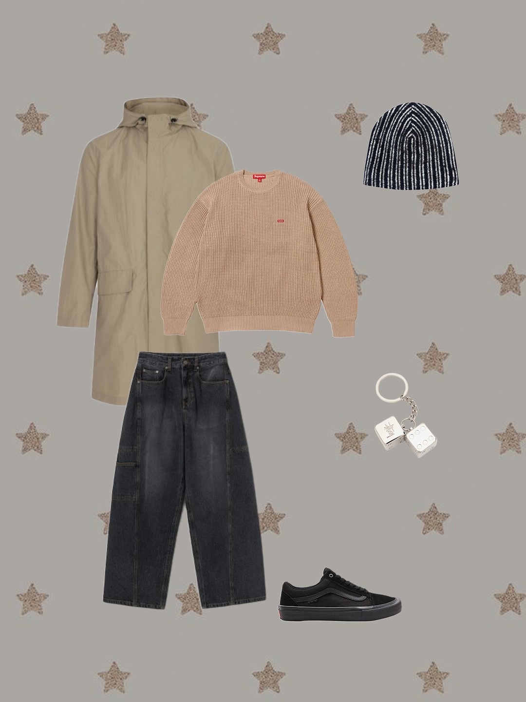 Stussy Metal Dice Keychain Silver, Supreme Small Box Ribbed Sweater Tan - 23FW 착용 스타일 - 2