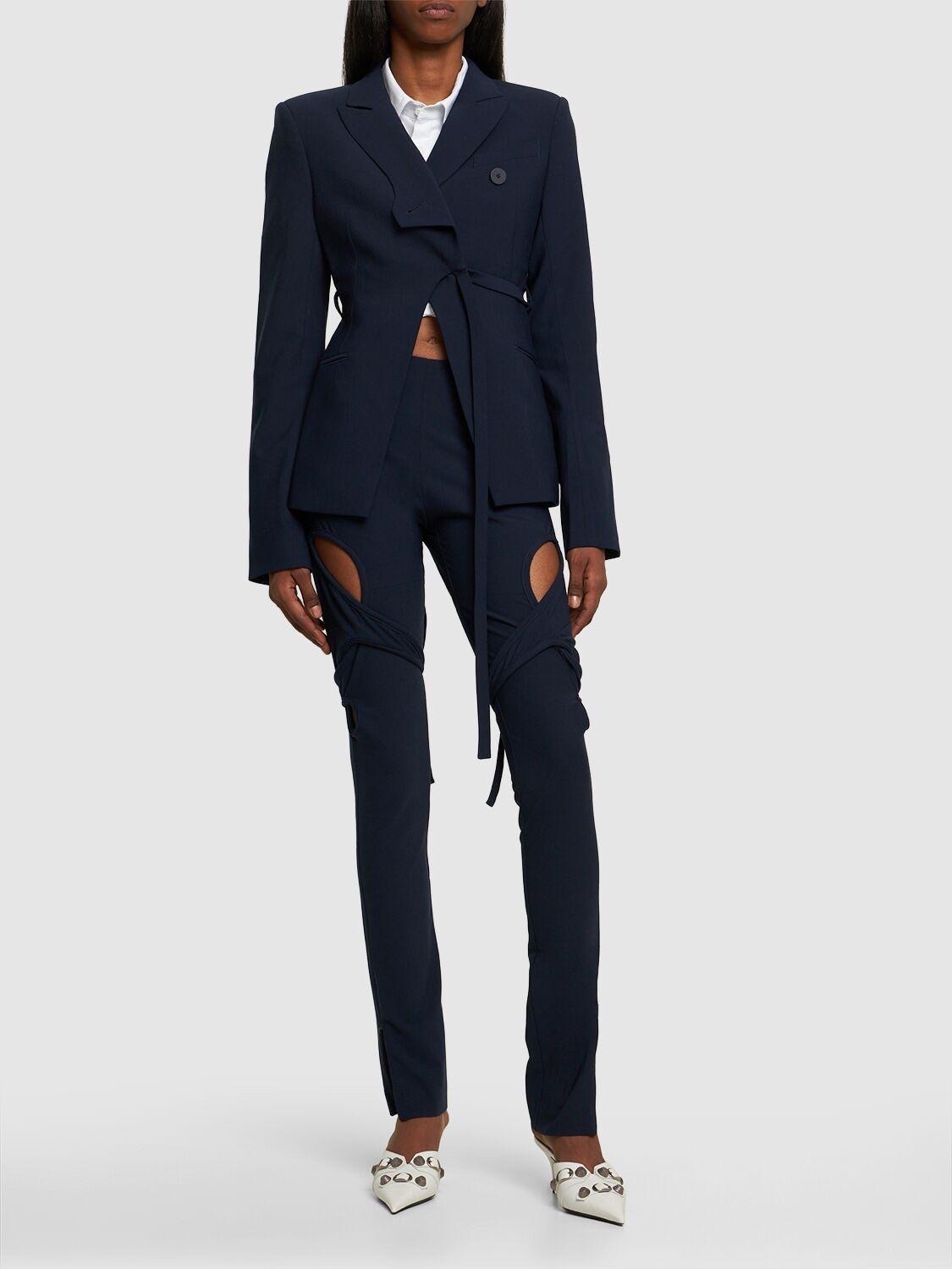 Ottolinger Women Woven Fitted Blazer With Strap Navy, Ottolinger Women Woven Fitted Suit Loop Pants Navy 착용 스타일