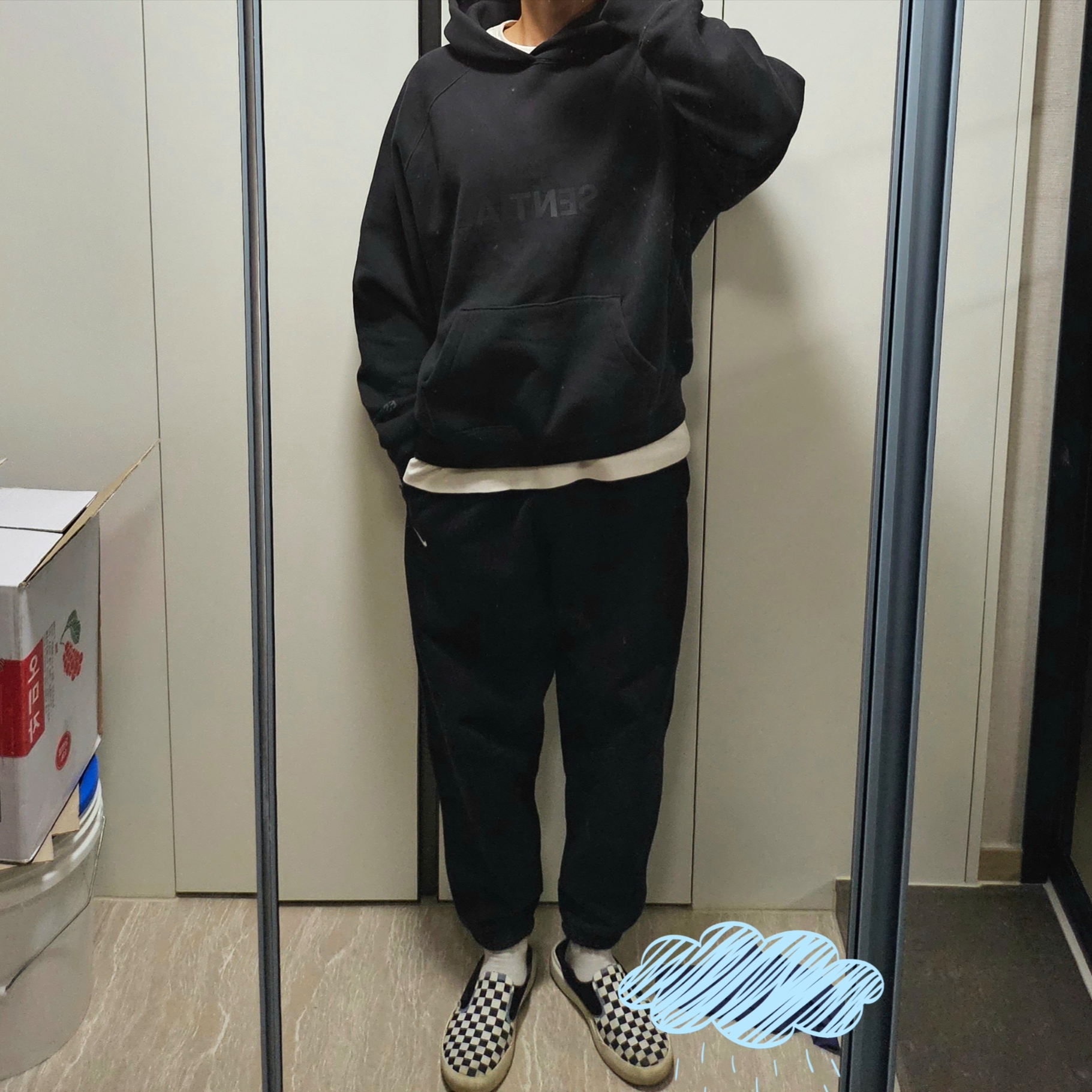Essentials 3D Silicon Applique Pullover Hoodie Dark Slate/Black 2020, Nike NRG Solo Swoosh Fleece Pants Black - US/EU 착용 스타일