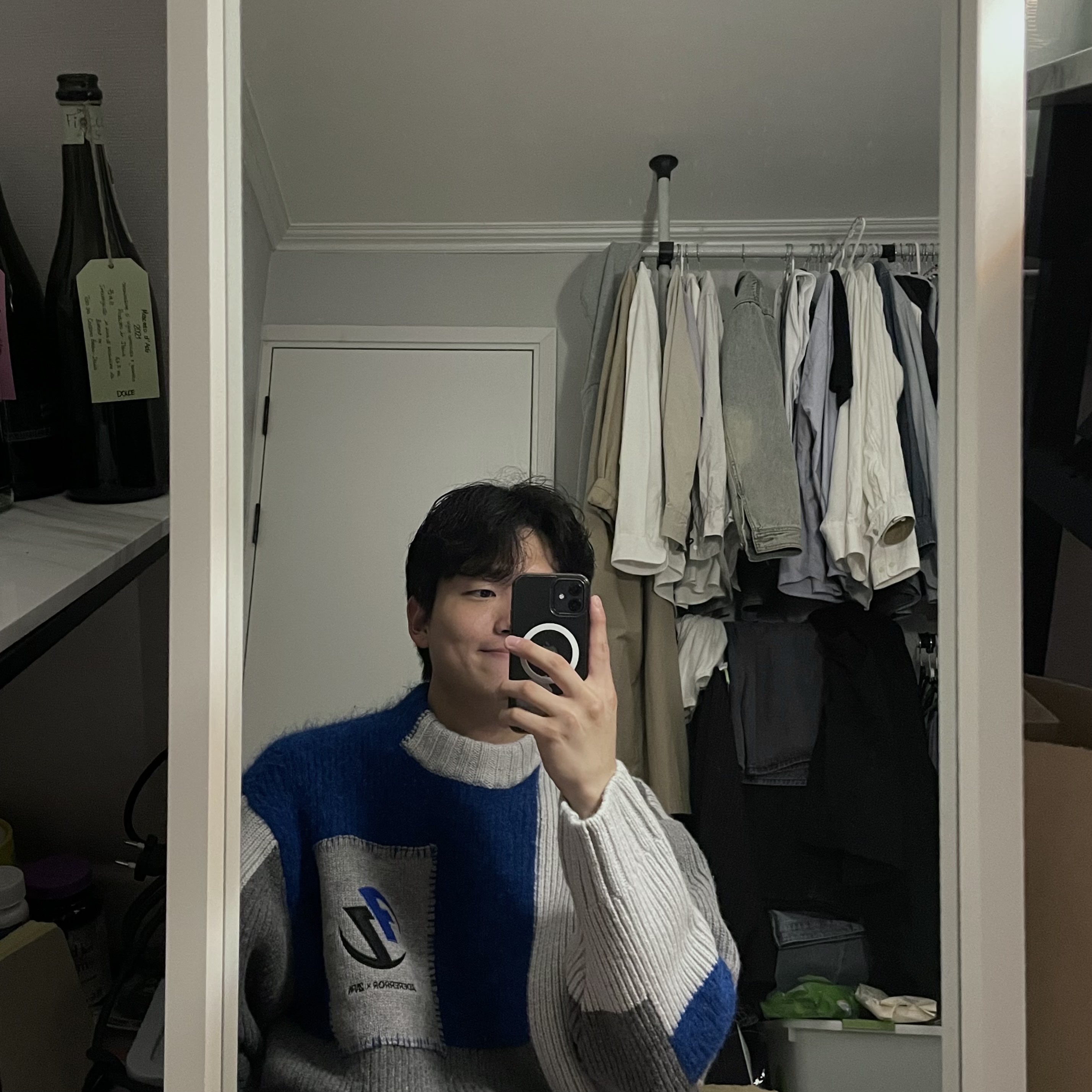Zara x Ader Error Patchwork Oversize Knit Sweater Multicolor 착용 스타일 - 2