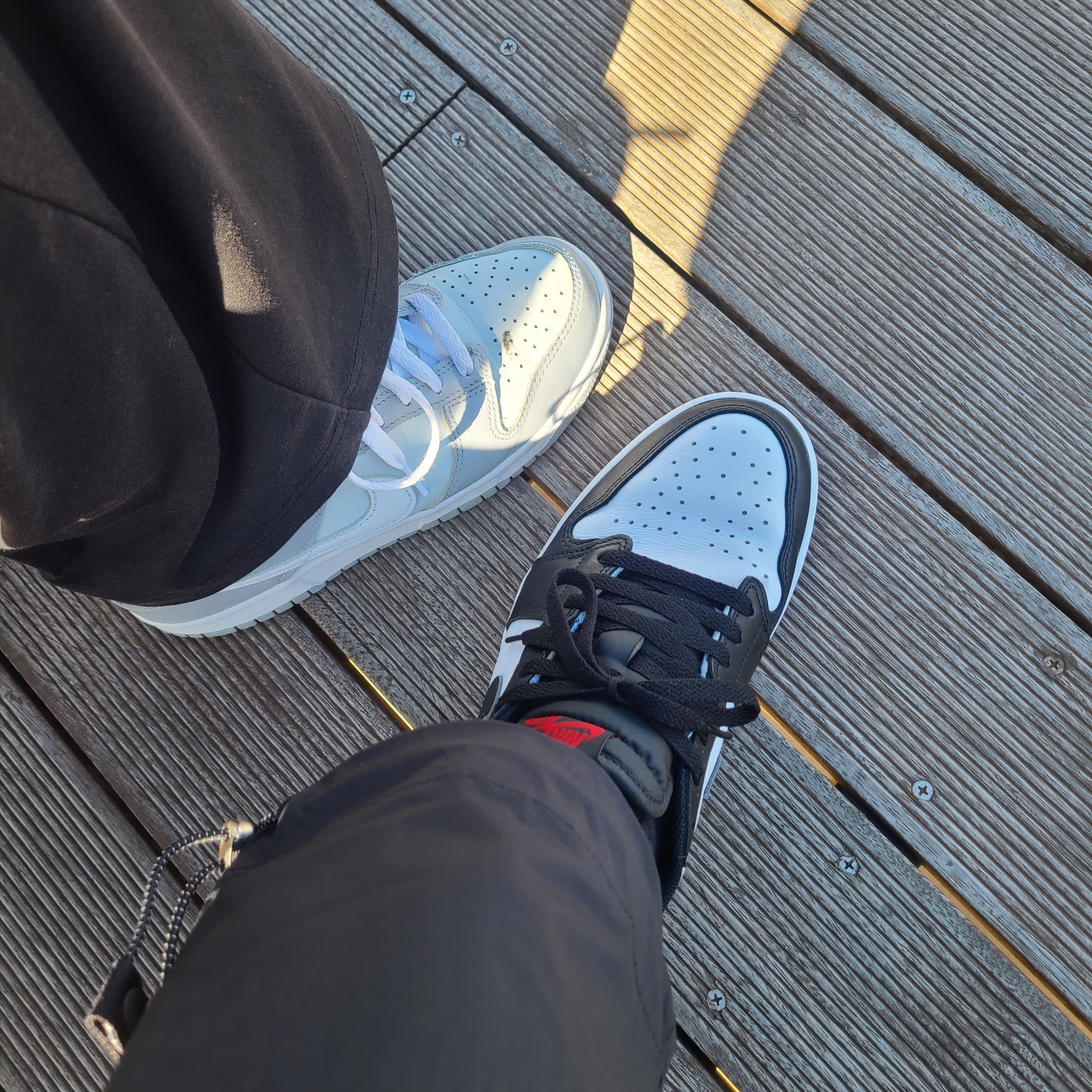 (GS) Nike Dunk Low Wolf Grey, Jordan 1 Retro Low OG Black Toe 착용 스타일