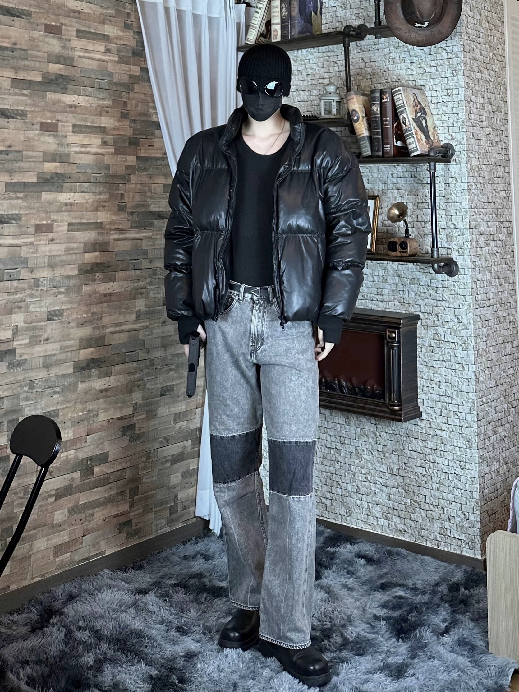 Our Legacy Extended Third Cut Black Grey, C.P. Company Extra Fine Merino Wool Goggle Beanie Black 착용 스타일 - 2