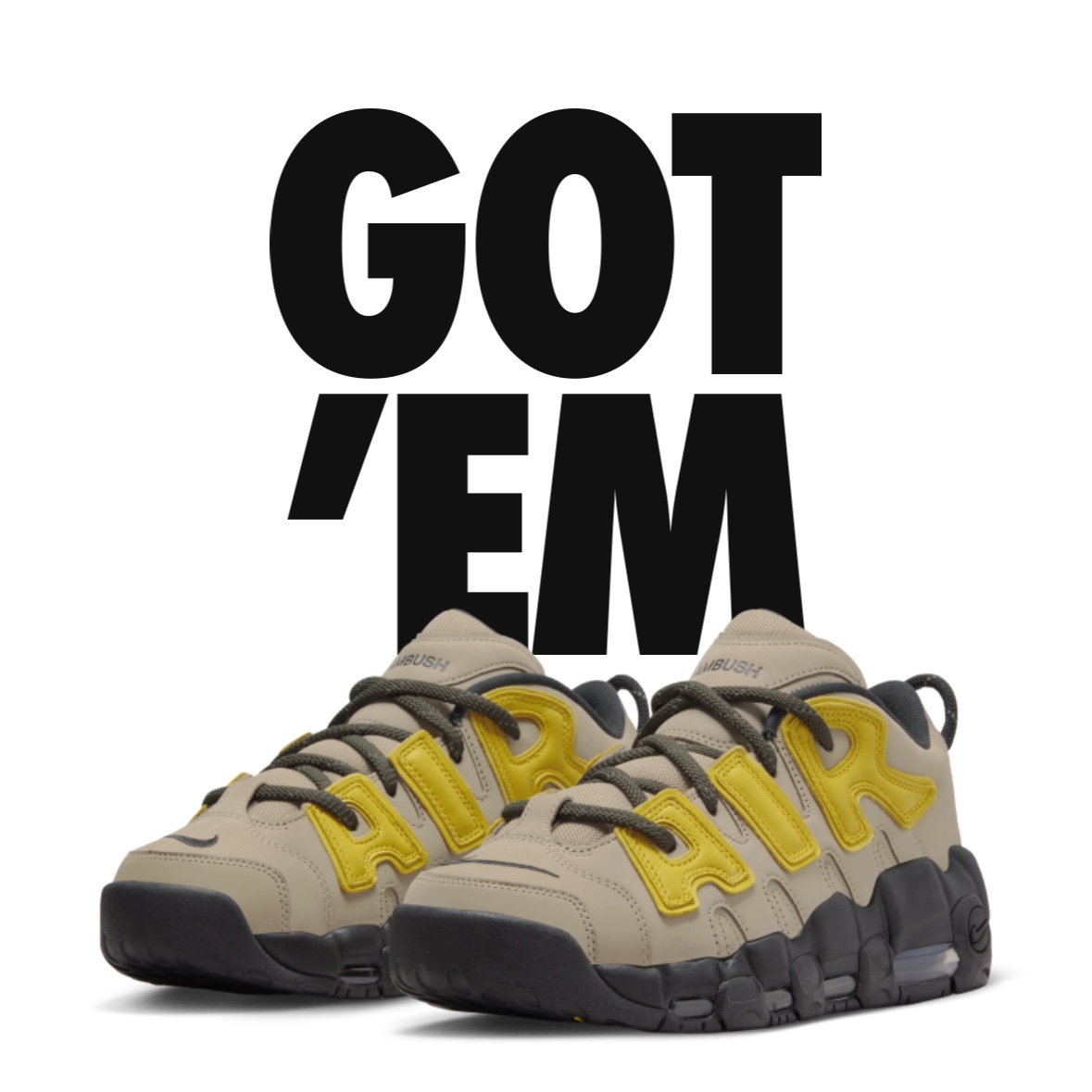 Nike x Ambush Air More Uptempo Low Vivid Sulfur and Limestone 착용 스타일