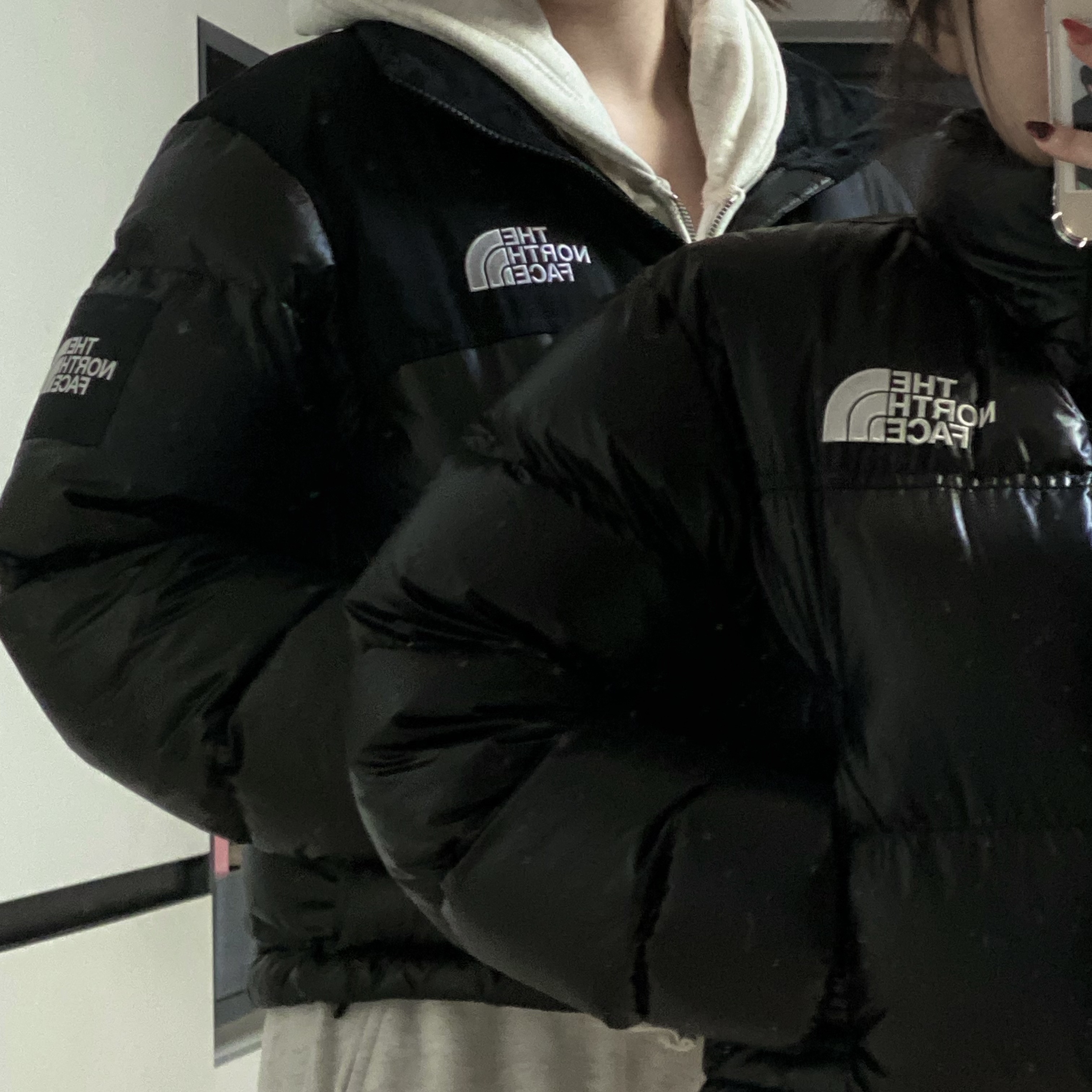 (W) The North Face White Label Novelty Nuptse Down Jacket Black, (W) The North Face Nuptse Short Jacket Black 착용 스타일
