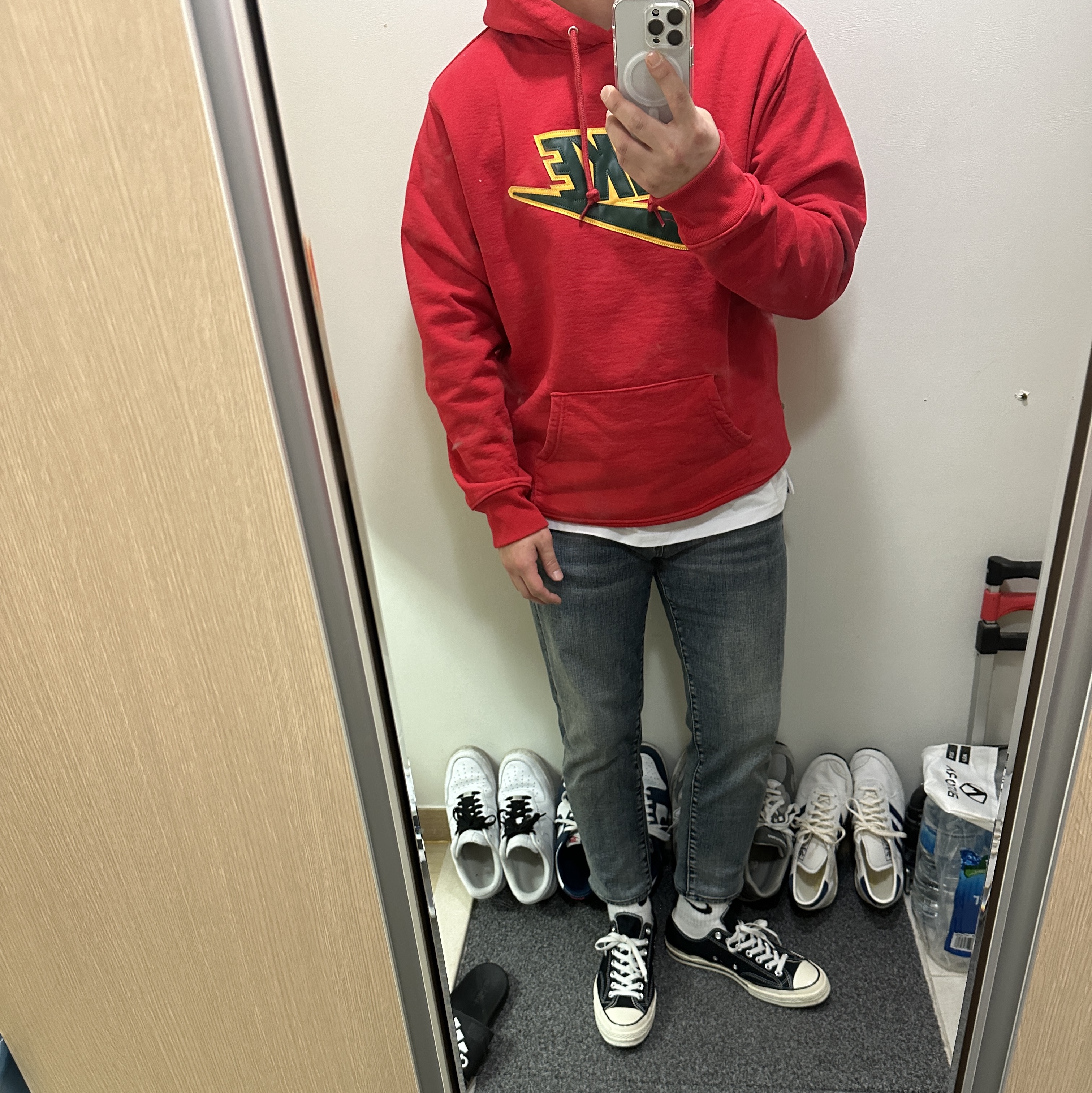 Supreme x Nike Leather Applique Hooded Sweatshirt Red - 19FW 착용 스타일