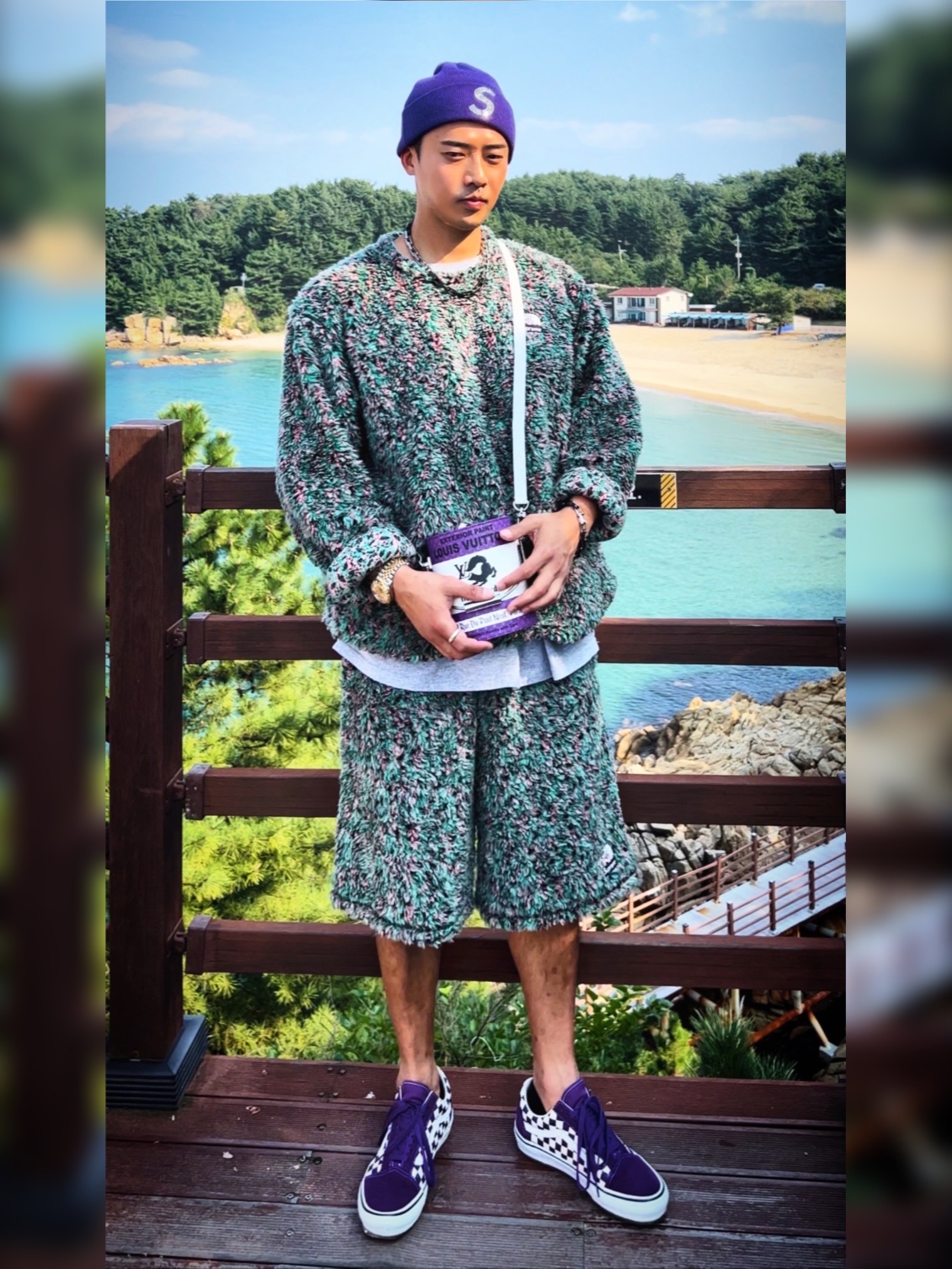Supreme New Era Swarovski S Logo Beanie Purple - 21SS, Vans x Supreme x Swarovski Old Skool Purple 착용 스타일 - 1