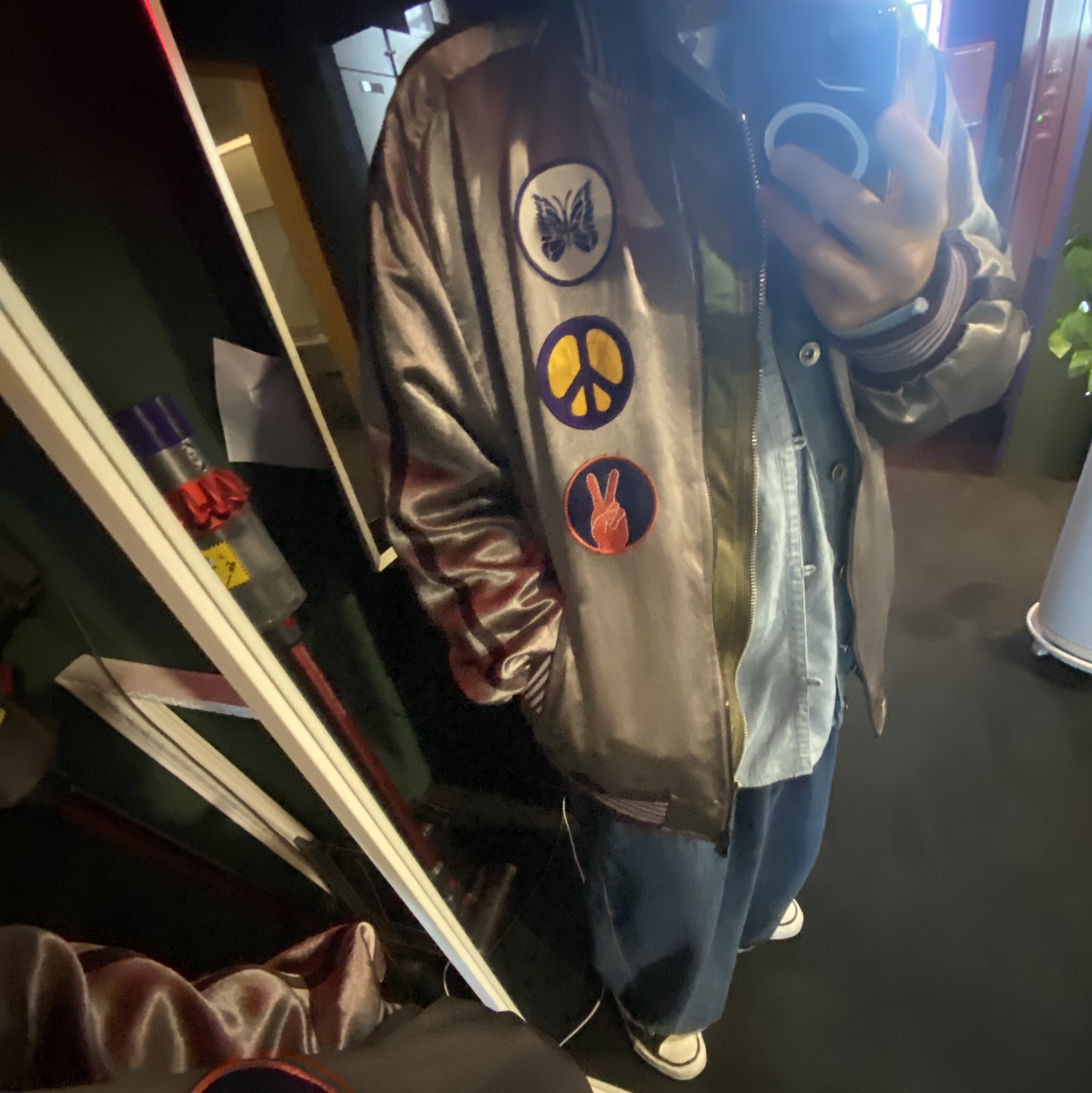 Needles Acetate Sateen Award Jacket Grey 착용 스타일