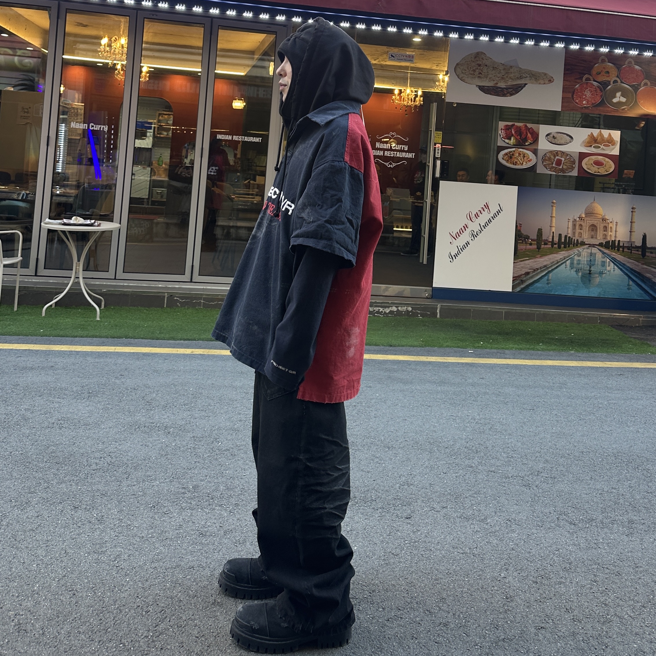 Project G/R Backward Denim Pants Black, Balenciaga Combat Strike 20mm Boots Black 착용 스타일