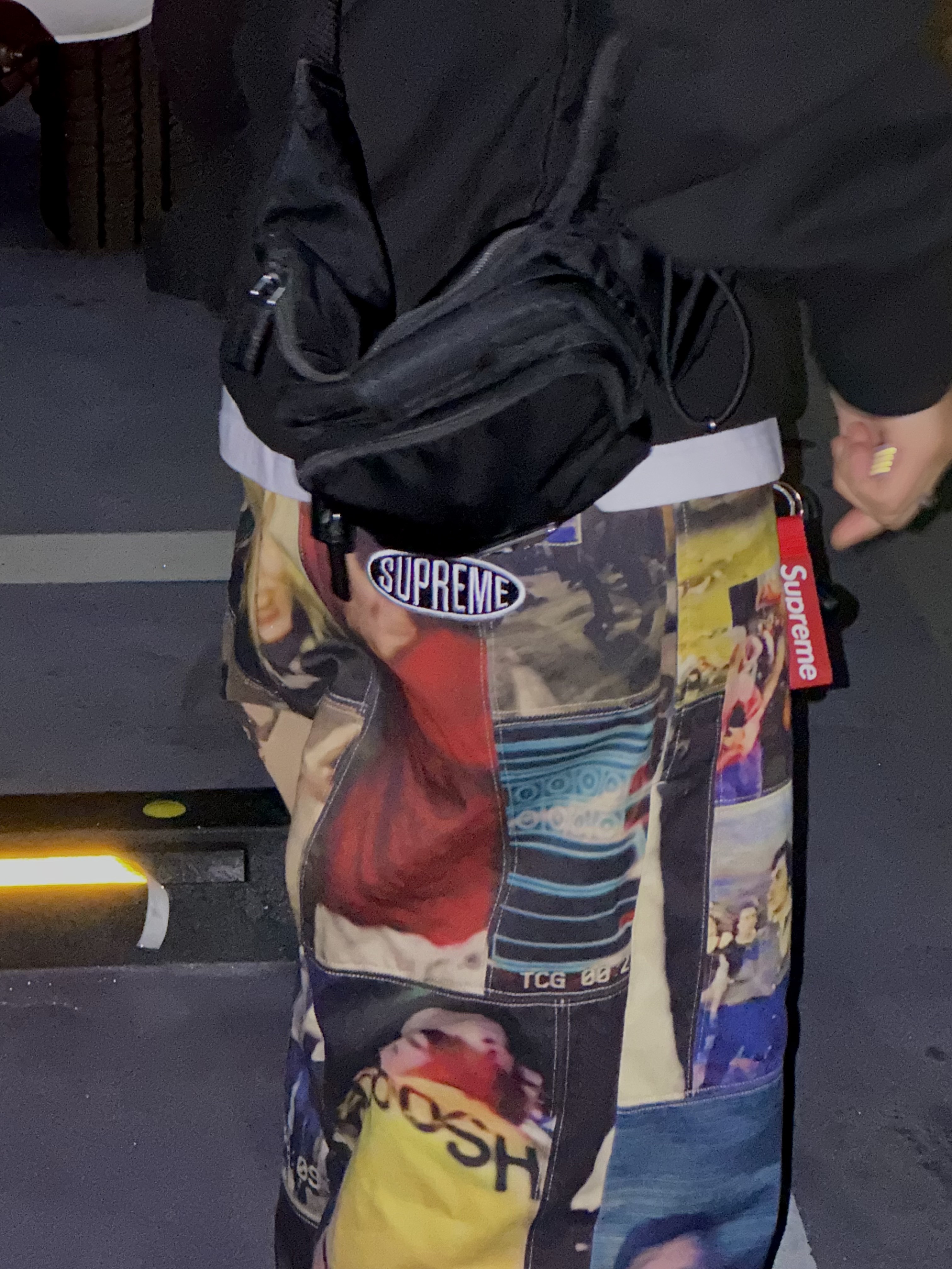 Supreme Mark Leckey Hardcore Patchwork Loose Fit Chino Pant Multicolor - 23FW, Stussy Block Sport Pigment Dyed Hoodie Black 착용 스타일 - 3