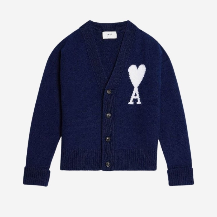 AMI de Coeur Oversize Intarsia Cardigan Nautic Blue White 착용 스타일