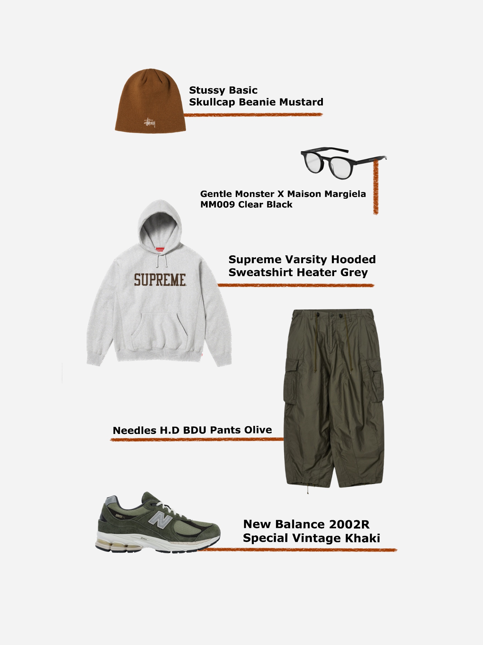 Stussy Basic Skullcap Beanie Mustard, Gentle Monster x Maison Margiela MM009 Clear Black 착용 스타일
