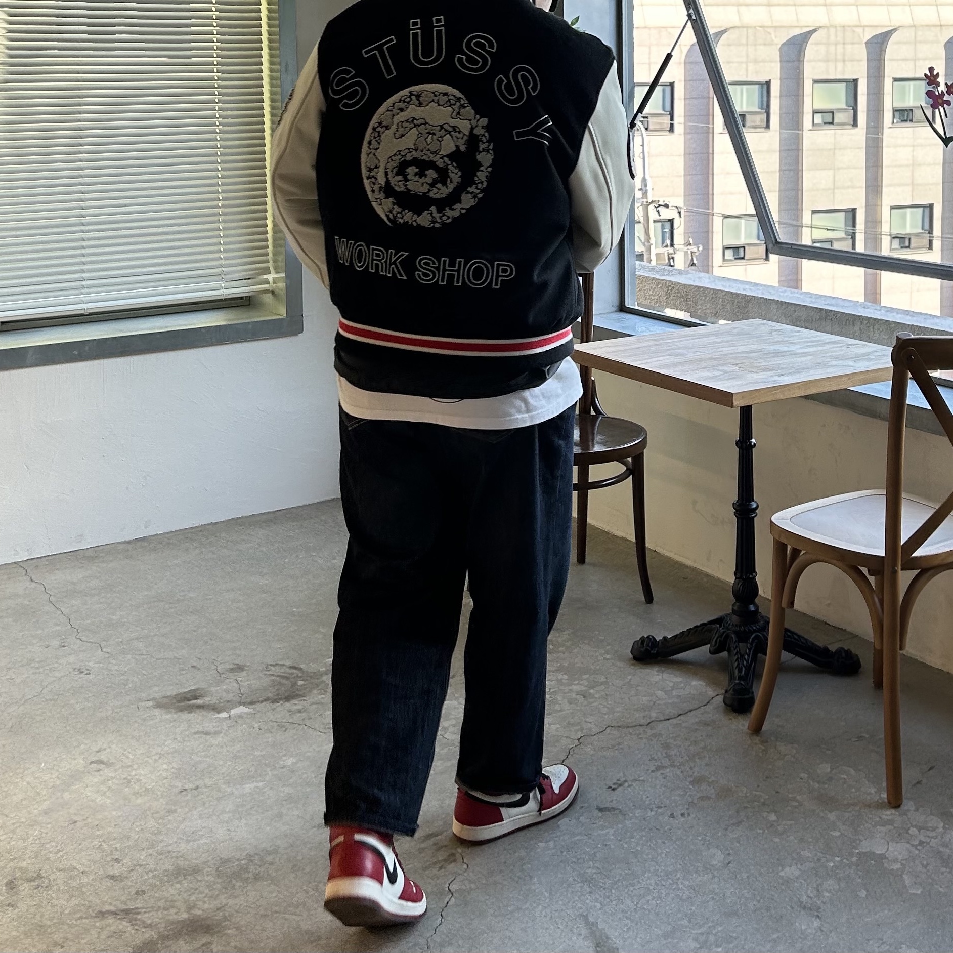 Stussy x Our Legacy x Denim Tears TTL Varsity Jacket Black, Stussy x Takahiromiyashita The Soloist 40 WT T-Shirt 착용 스타일 - 5
