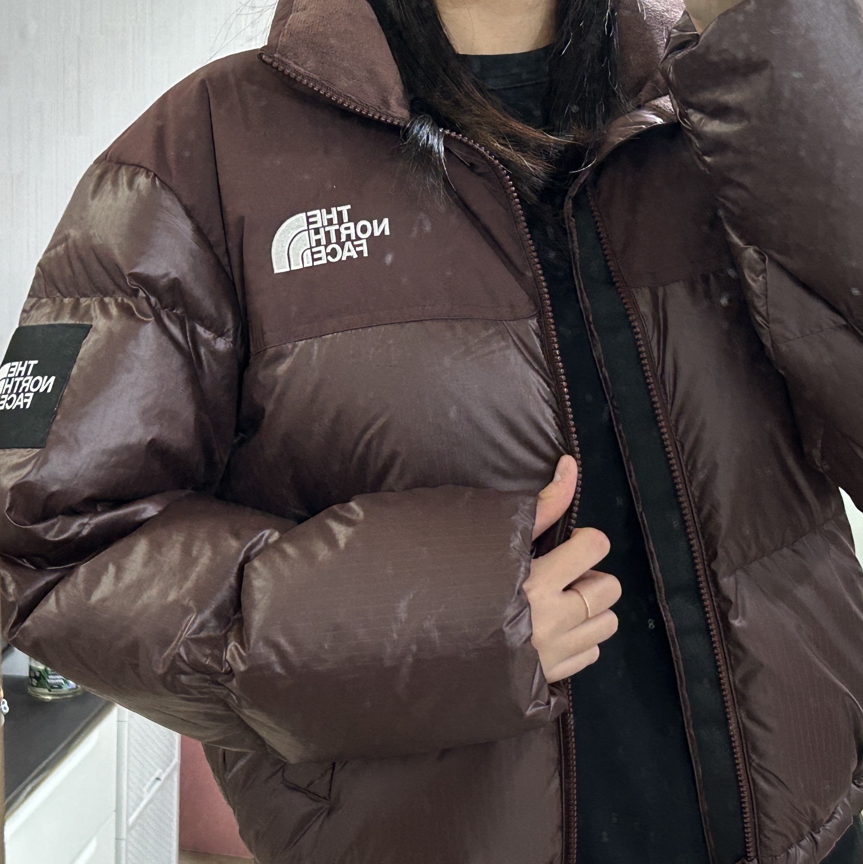 (W) The North Face White Label Novelty Nuptse Down Jacket Cocoa Brown 착용 스타일