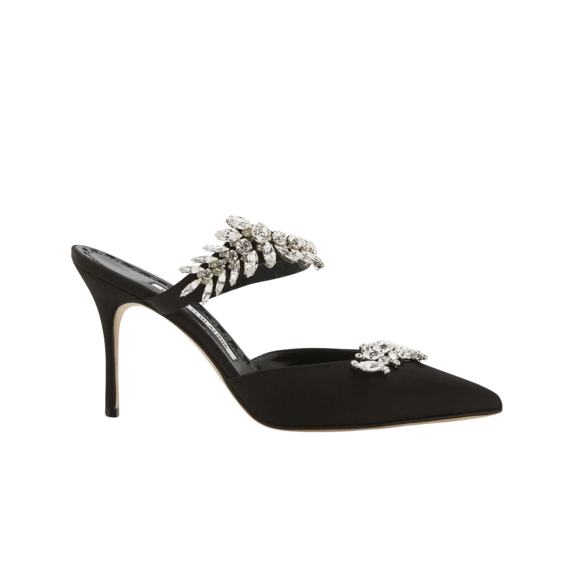 (W) 마놀로 블라닉 루럼 사틴 크리스탈 엠벨리시드 뮬 블랙((W) Manolo Blahnik Lurum Black Satin Crystal Embellished Mules)