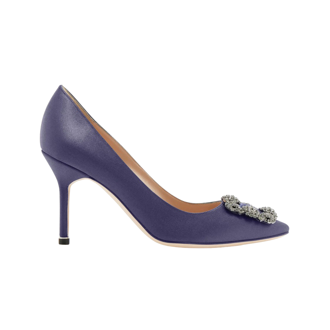 9XX-0663-0031 (W) Manolo Blahnik Hangisi 90 Dark Blue Satin Jewel Buckle Pumps