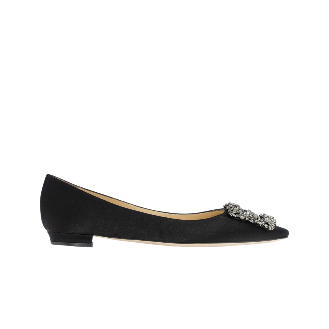 (W) 마놀로 블라닉 한기시플랫 사틴 쥬얼 버클 펌프스 블랙((W) Manolo Blahnik Hangisiflat Black Satin Jewel Buckle Flat Pumps)