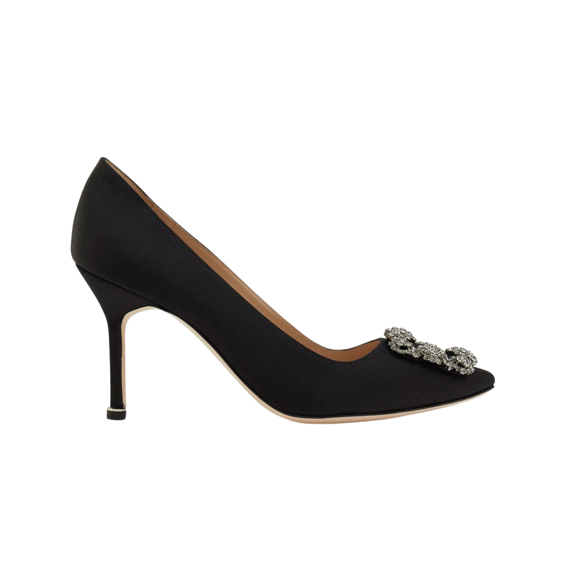 (W) 마놀로 블라닉 한기시 90 사틴 쥬얼 버클 펌프스 블랙((W) Manolo Blahnik Hangisi 90 Black Satin Jewel Buckle Pumps)