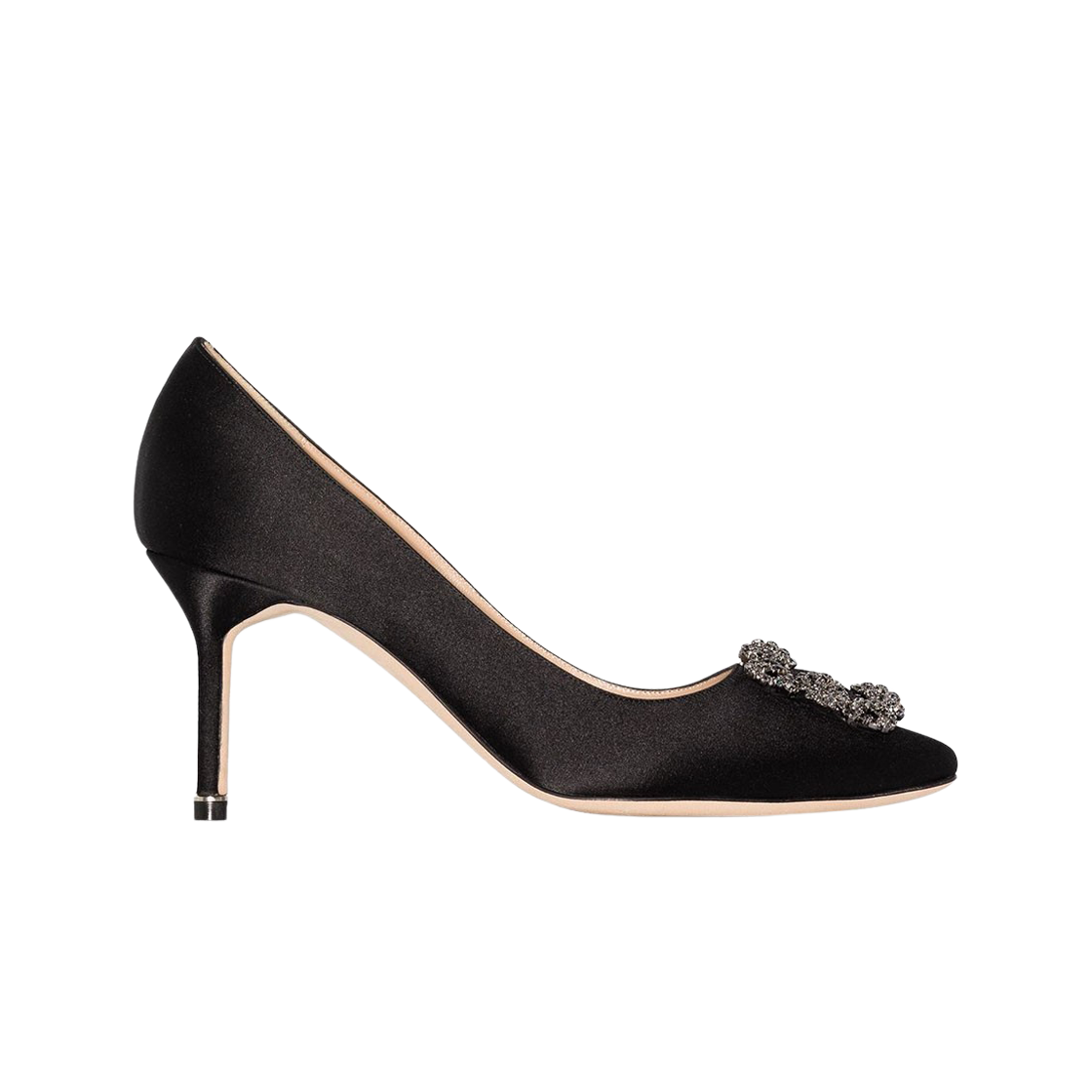 (W) 마놀로 블라닉 한기시 70 사틴 쥬얼 버클 펌프스 블랙((W) Manolo Blahnik Hangisi 70 Black Satin Jewel Buckle Pumps)