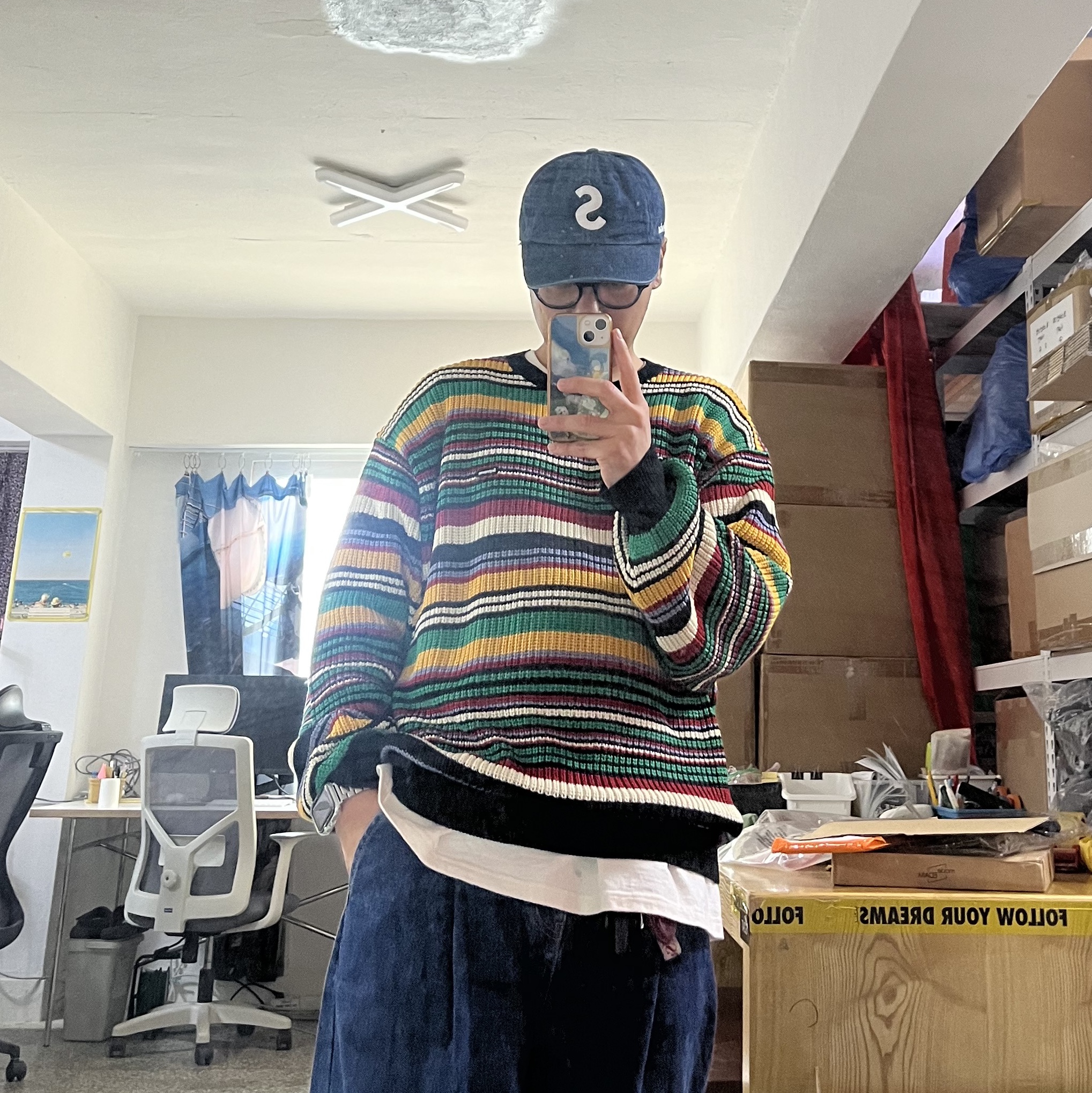 Supreme Small Box Ribbed Sweater Multicolor - 23FW, Zara x Ader Error Wide Leg Jeans Blue 착용 스타일