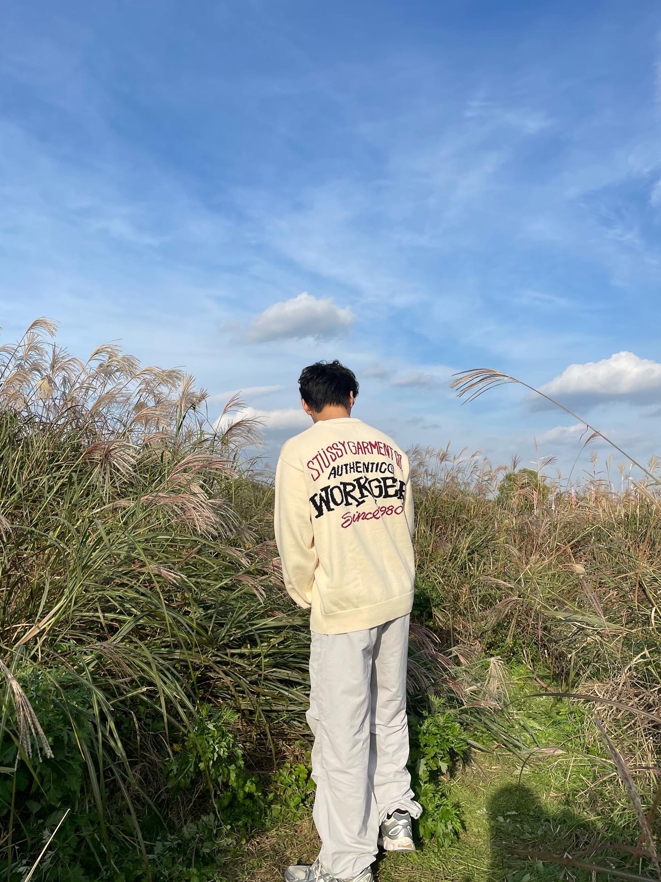 Stussy Authentic Workgear Sweater Natural, Supreme Backpack Black - 20FW 착용 스타일 - 3