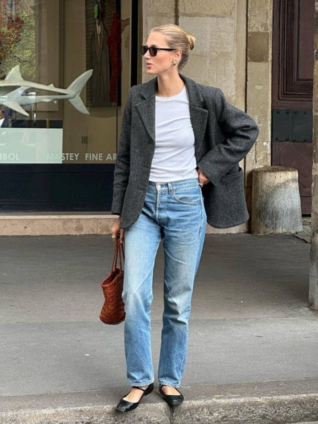 Nieeh Women Washed Wide Denim Pants Blue, Porta Highlight Washed Denim Blue 착용 스타일 - 4