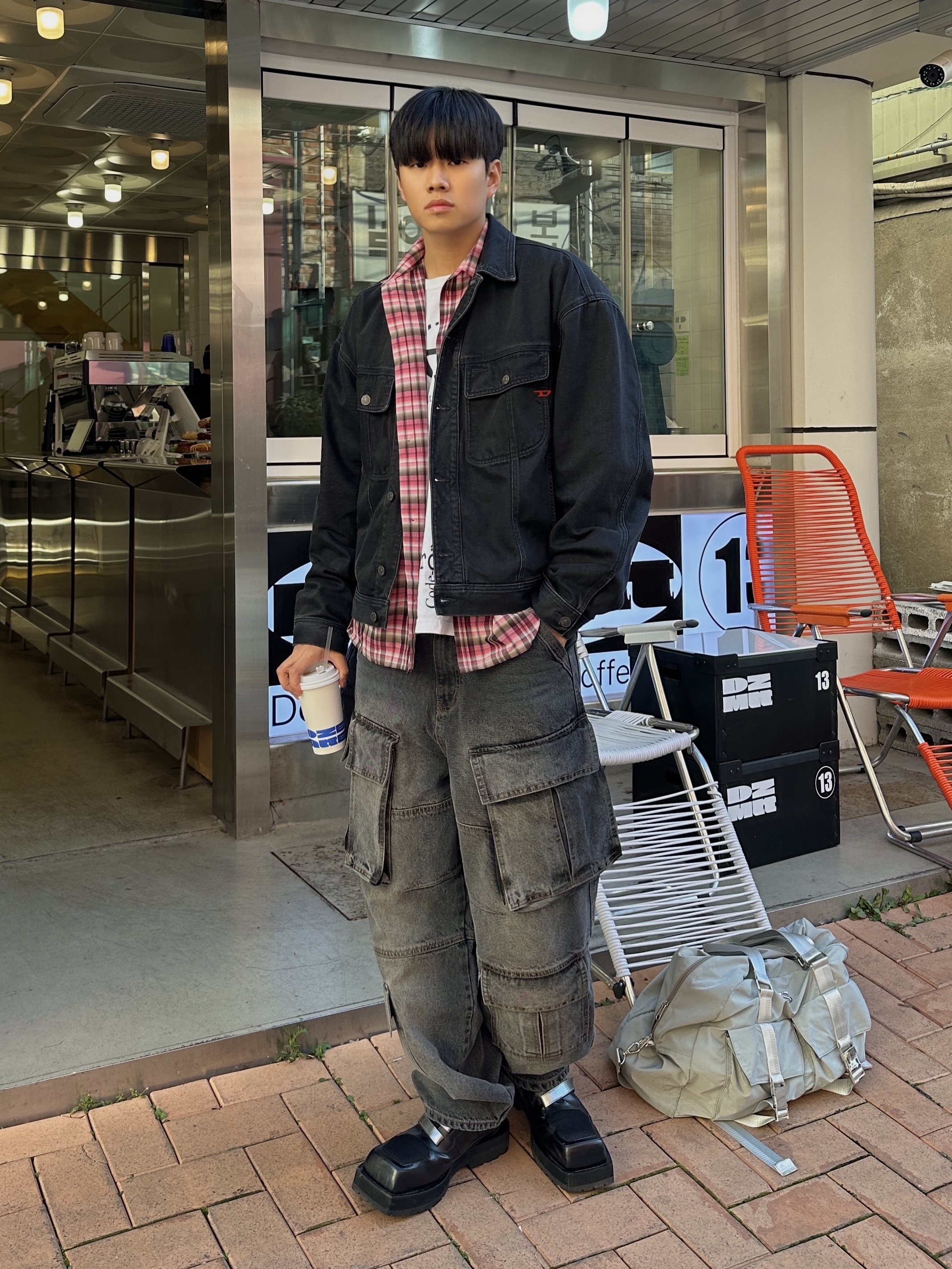 Nonnod Flexible String Check Shirts Pink, Diesel D-Barcy Trucker Jacket Black Dark Grey 착용 스타일 - 2