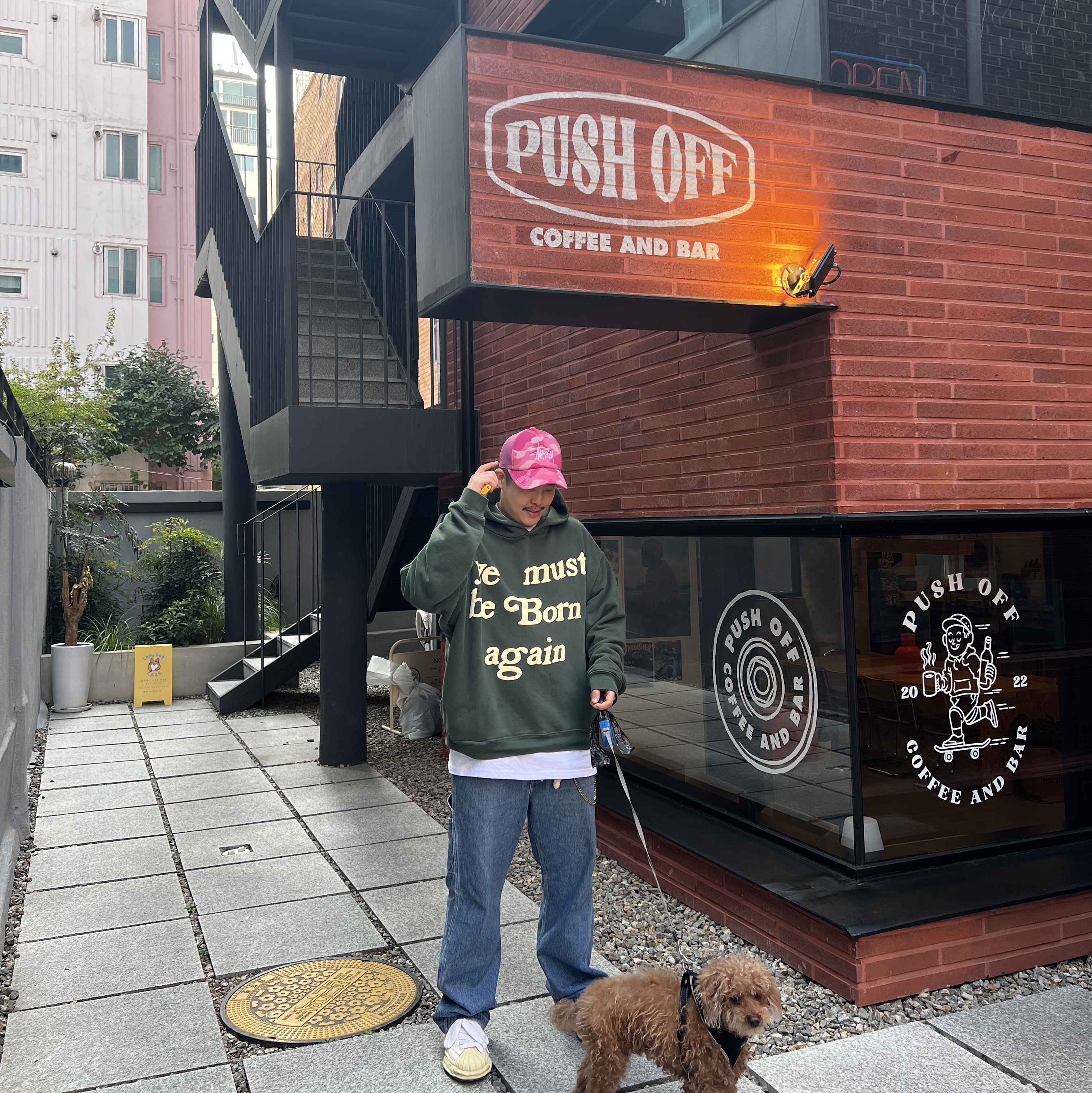 Stussy x BAPE Trucker Cap Pink, Cactus Plant Flea Market Born Again Hooded Sweatshirt Green 착용 스타일